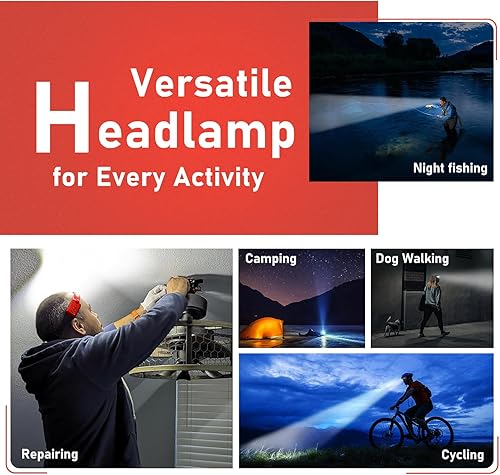 Miniatura 8 de Linterna frontal LED recargable (rojo), 400 lúmenes, haz ancho de 230, USB-C, IPX4, 5 modos, ligero, diadema ajustable clips para casco duro para
