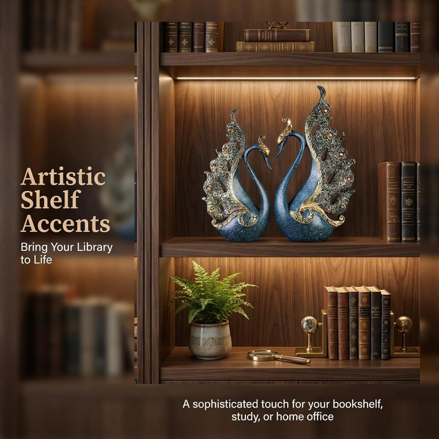 2pcs Swan Statues Couple's Home Decorations for Living Room Decor and Accessories,Book Shelf Decor Accents,Sculptures Home Decor for Coffee Table (Blue)