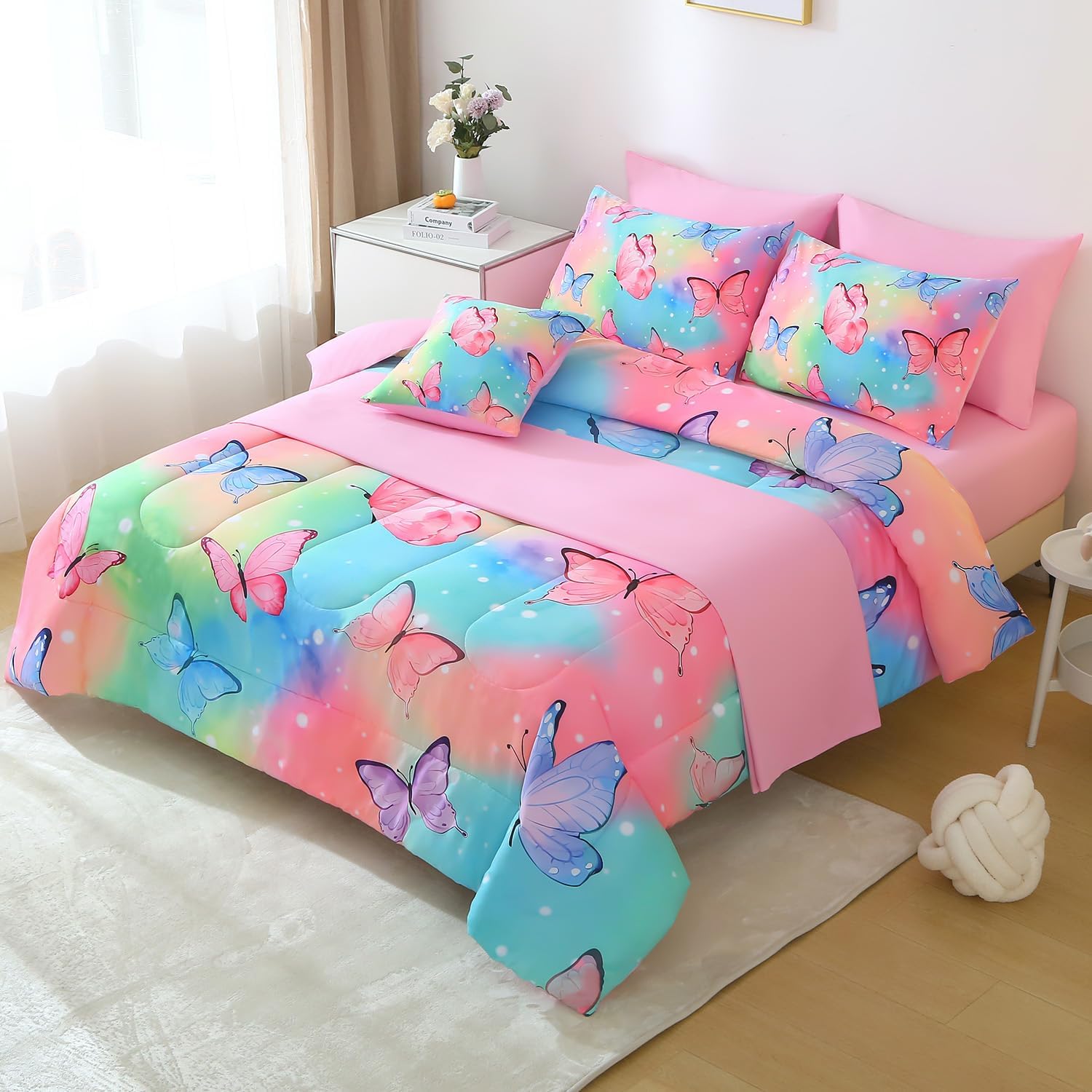 JQinHome 8 Pc Butterfly Comforter Set Full, 3D Rainbow Butterfly Bedding Set for Girls Women,All Season Microfiber Butterfly Design Bedding Collection with Pillowcase, Flat & Fitted Sheet(Rainbow) - Image 3