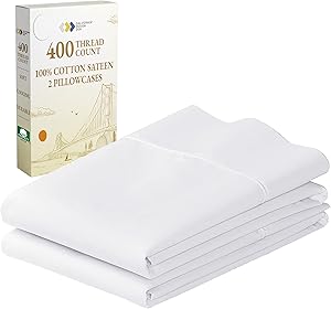 California Design Den Standard Queen Size Pillowcase Set - 400 Thread Count, 100% Cotton Sateen, Set of 2 Pillow Covers, Breathable, Cooling, Soft for Quality Sleep - Bright White