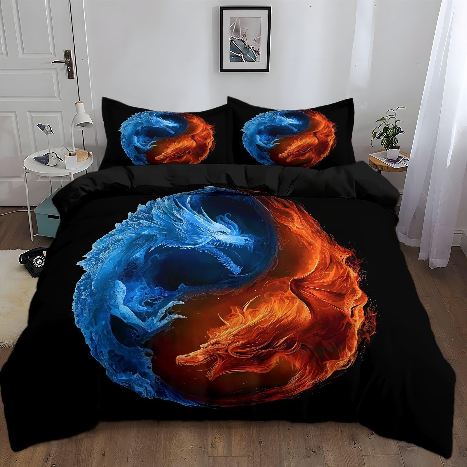 Poszewka na kołdrę pojedynczy symbol lód smok płomień wysokiej jakości mikrofibra dwustronna poszewka na kołdrę, pojedyncza 135 x 200 cm 3 szt. - ultramiękka hipoalergiczna luksusowa poszewka na