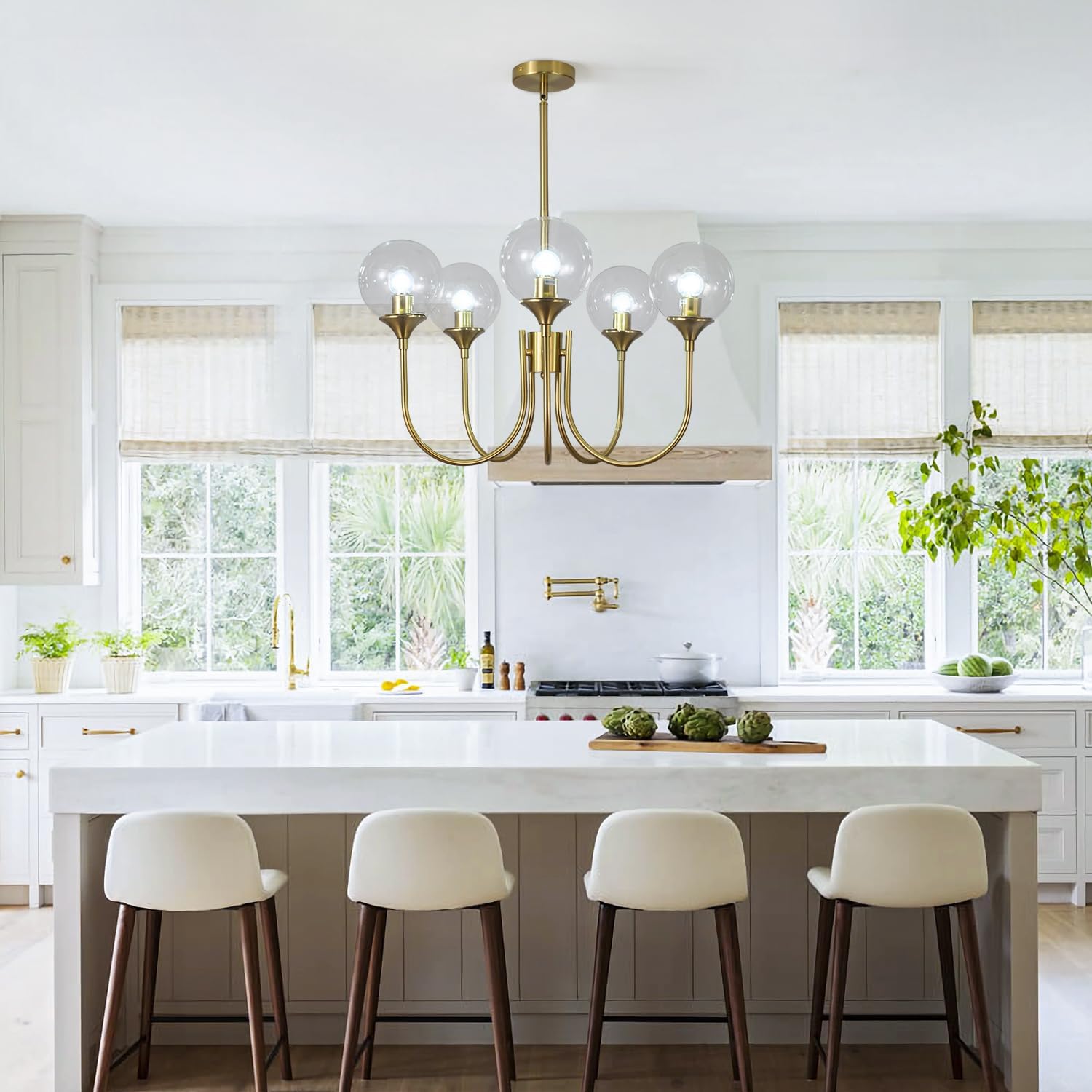 BOKT Modern Chandelier Brushed Brass Mid Century Gold Pendant Ceiling Light Fixture 5-Lights Clear Glass Globe Chandelier Adjustable Height for Stairway, Dining Table, Kitchen Island, Living Room…