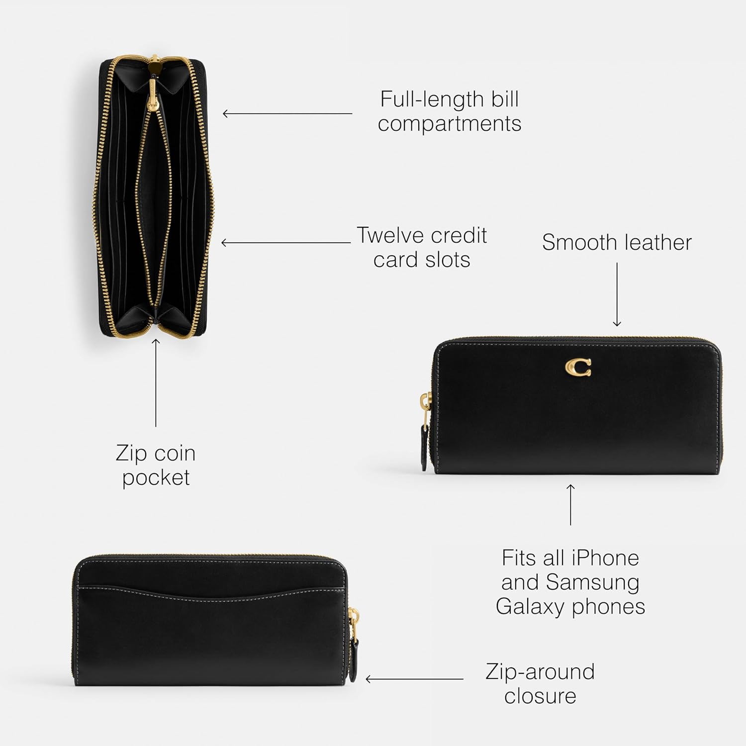 Coach Women's Smooth Leather Essential Slim Accordion Zip, Black - Image 3