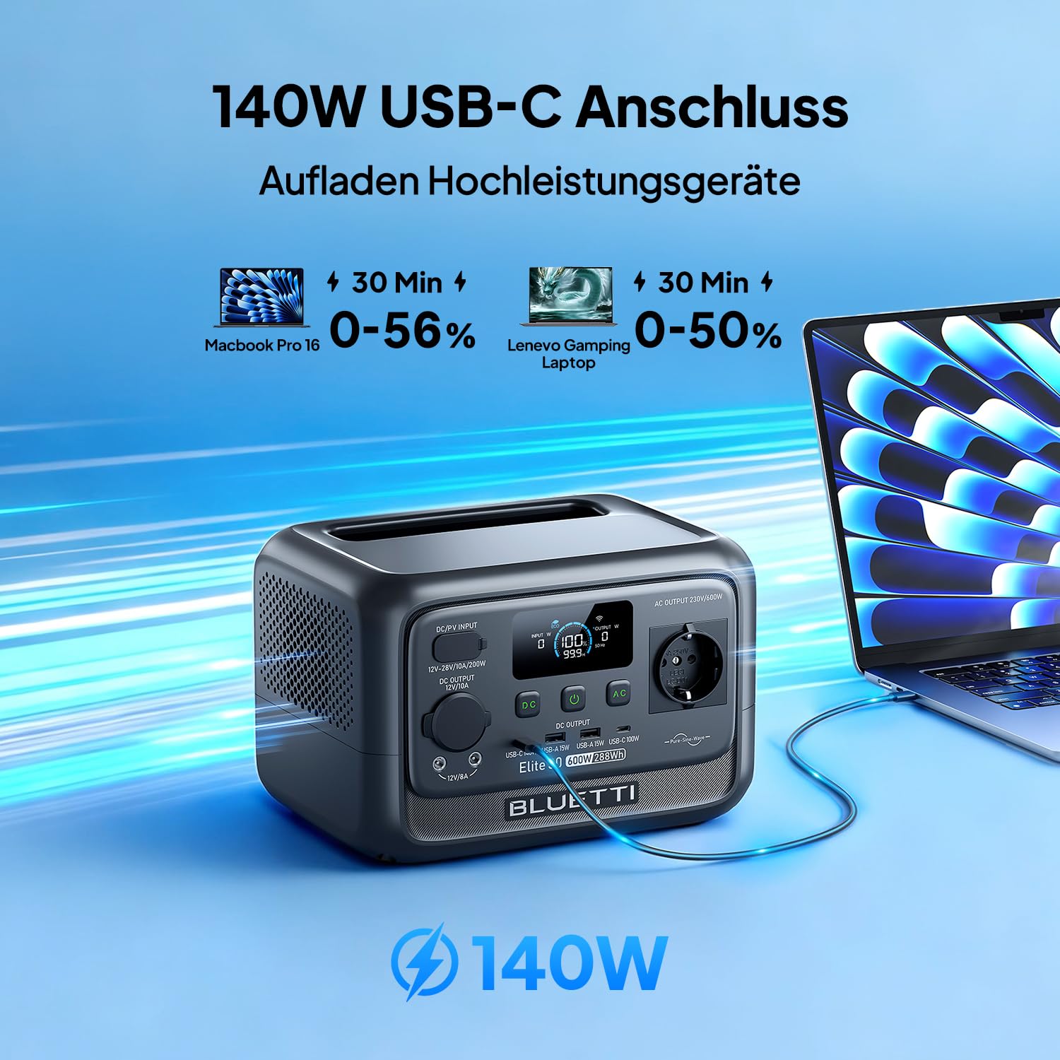 BLUETTI Elite 30 V2 Tragbare Powerstation, 288 Wh LFP Batterie, 600W AC Ausgang (Power Lifting 1500W), 0-100% in 70 Minuten, Solargenerator für Camping, Vans, Stromausfälle (Solarpanel optional)