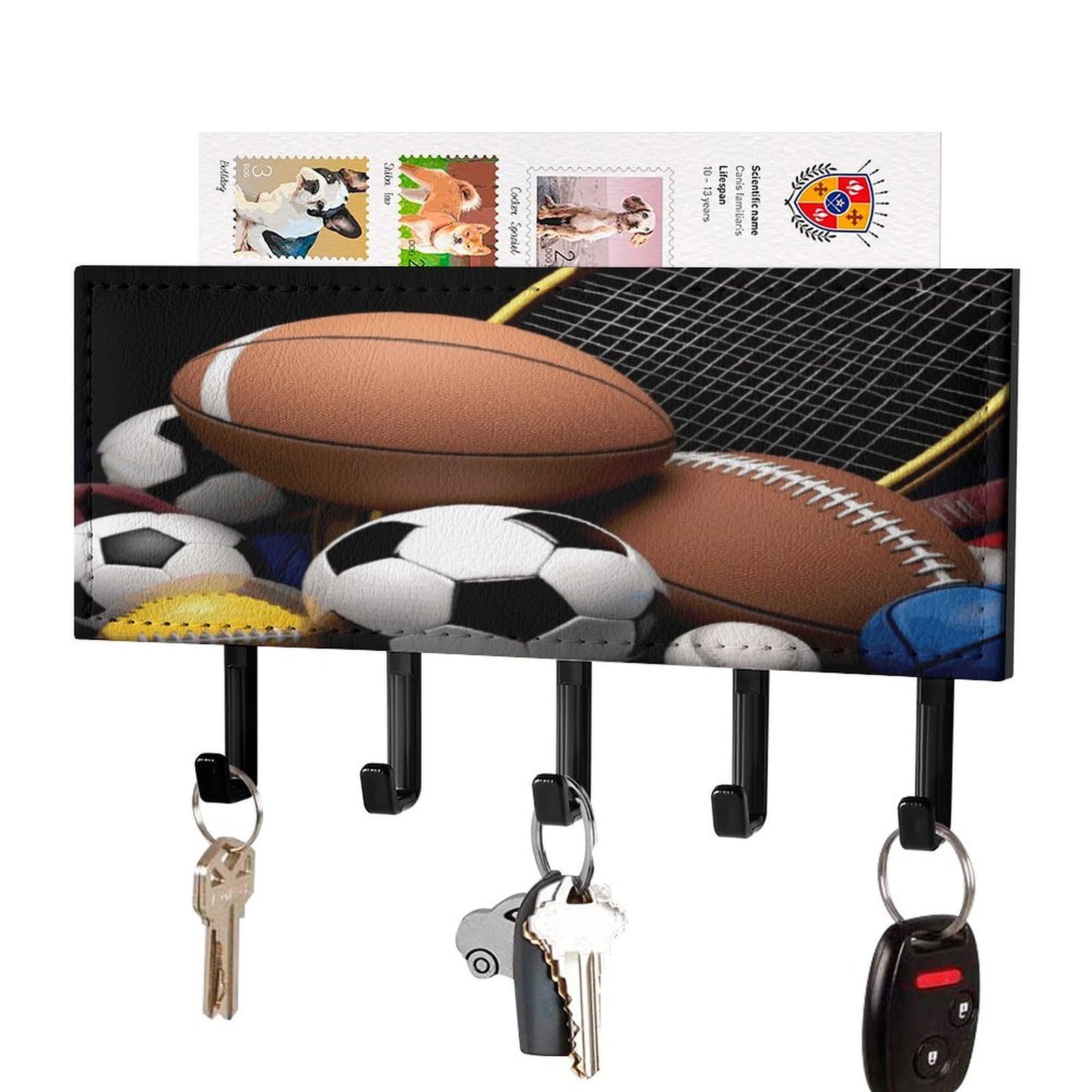 FekiLoot Sports Themed Key Holder Wall Mount Key Hooks for Wall Decorative with 5 Hooks PU Mail Rack Organizer with Shelf for Entryway Mudroom Hallway Office 7.1X4.3 in