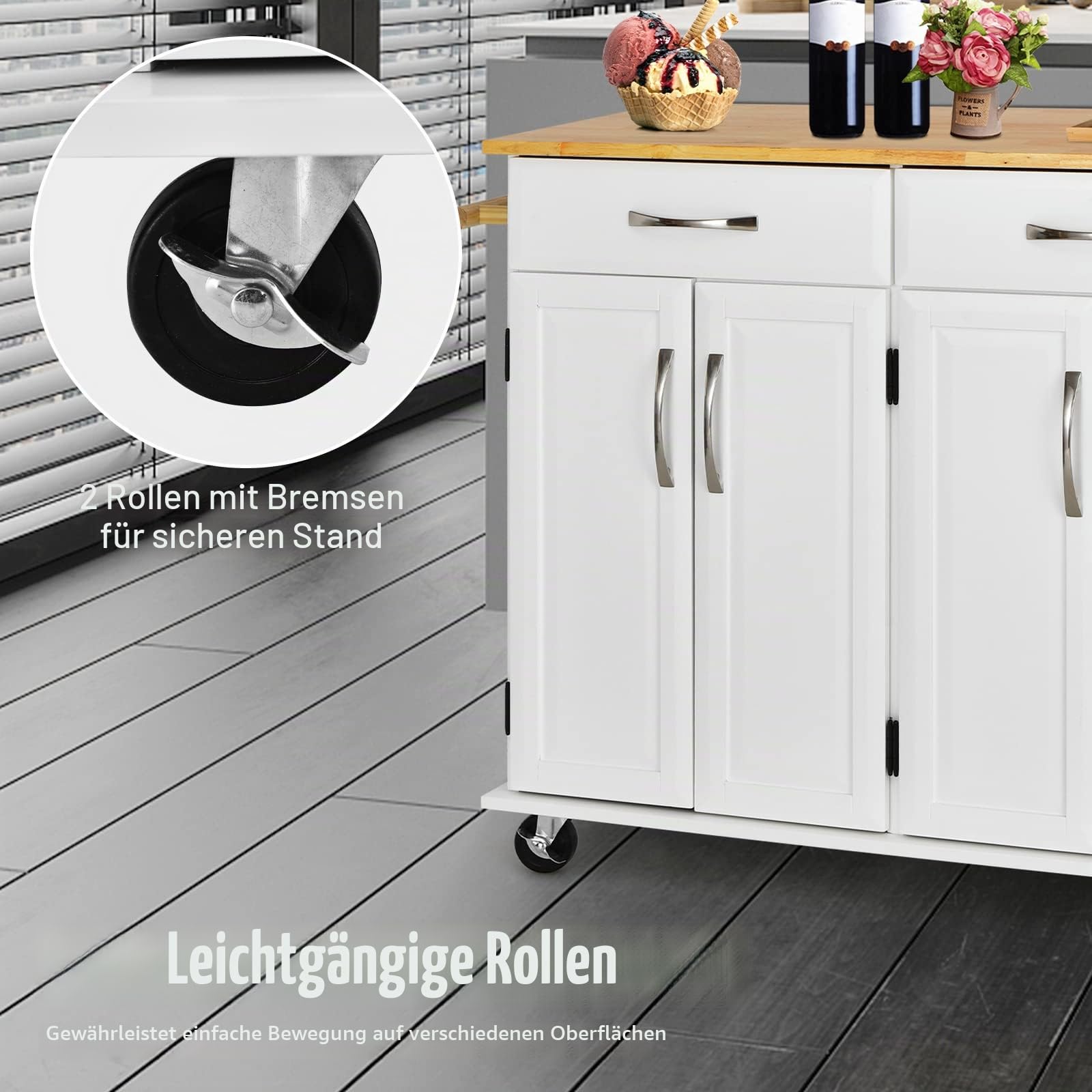 GIANTEX Küchenwagen mit Arbeitsplatte, Servierwagen mit Rollen, Küchenschrank mit 2 Schubladen & 2 Handtuchhaltern & 4 Türen, Kücheninsel mit verstellbaren Regalen, Küchentrolley Holz 122x48x92,5 cm
