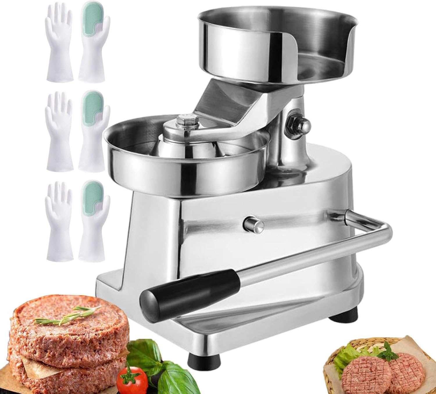 Hamburger Patty Maker 4″/5″/6″, Manual Cookie Presses Meat Tenderisers, Commercial Burger Press Machine for Restaurant Kitchens, with 500 Pcs Patty Papers and 3 Dishwashing Gloves,13cm