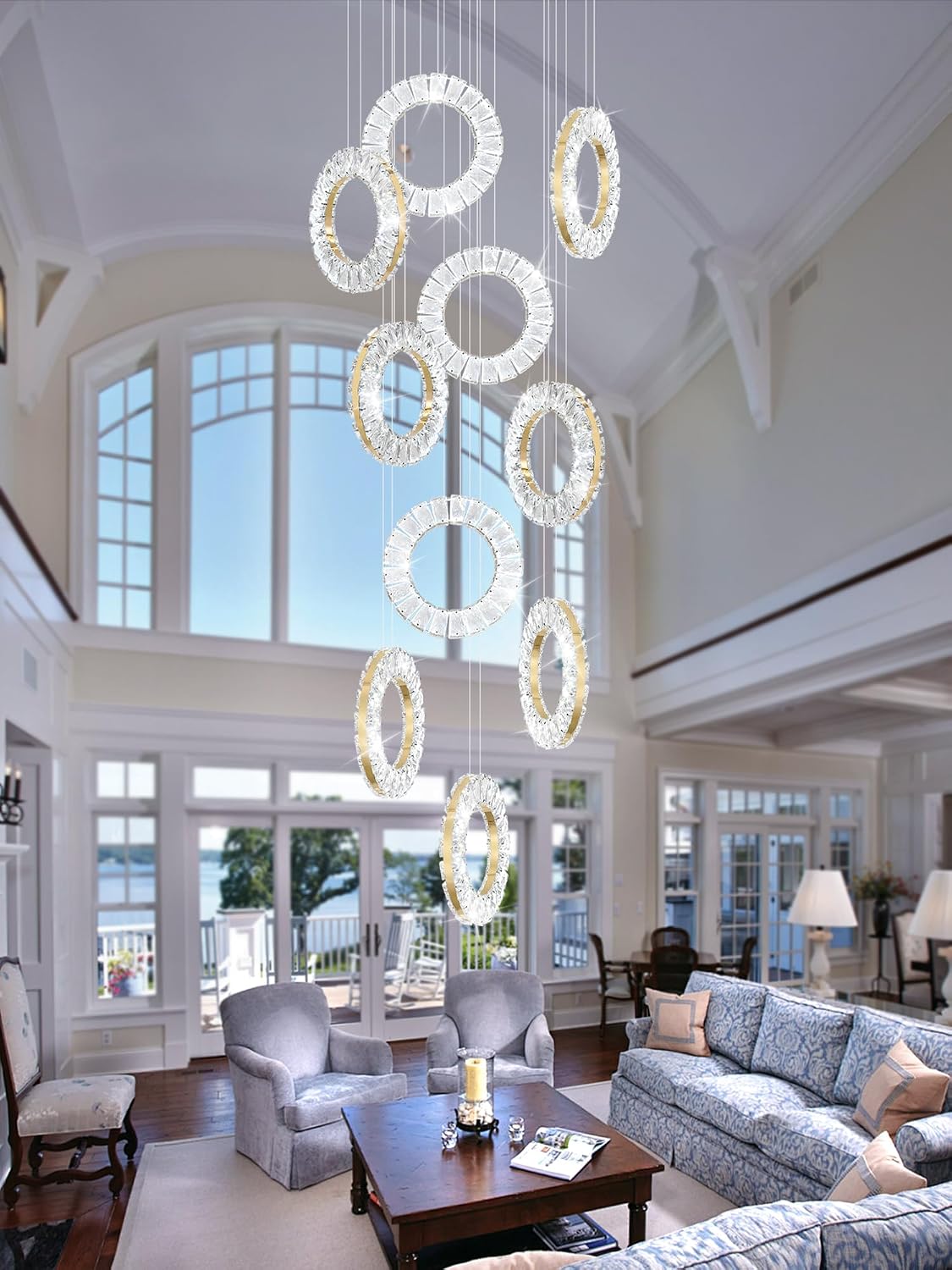 Modern Crystal Chandelier 10 Ring Chandeliers for High Ceiling Dimmable Gold Contemporary Chandeliers Crystal Pendant Light Fixture for Living Room Foyer Staircase