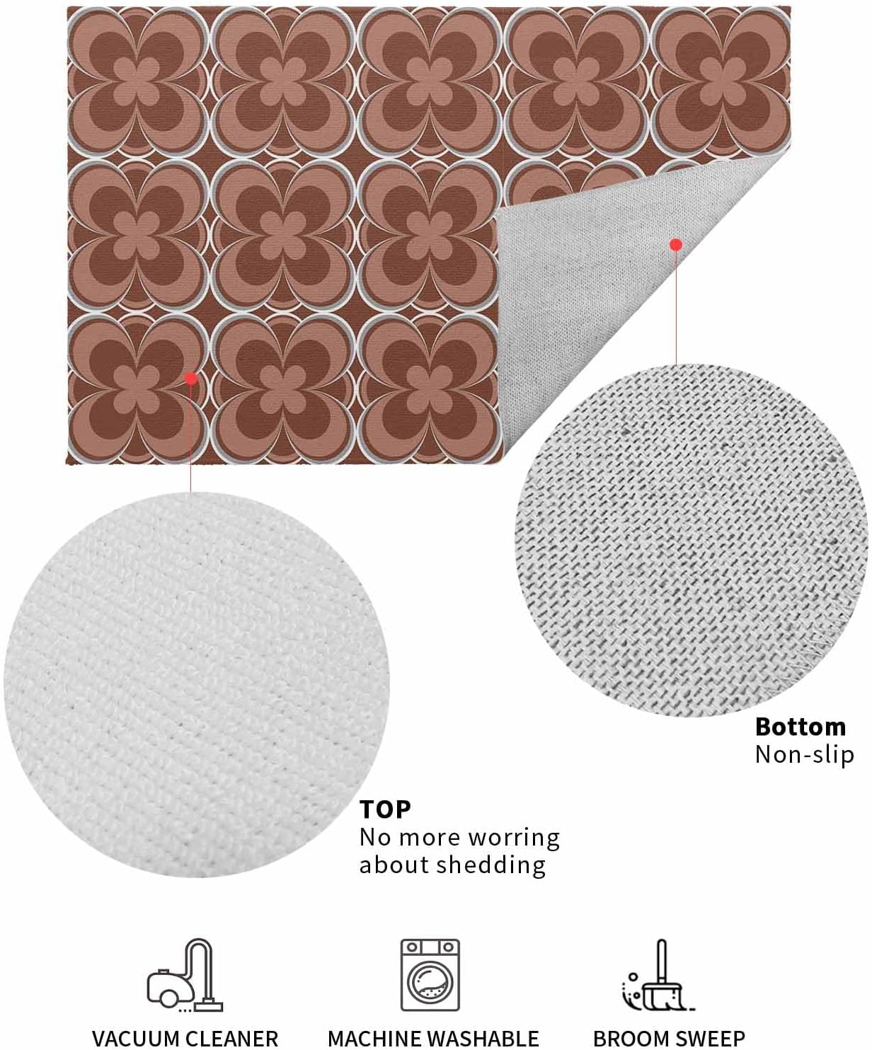 Bathroom Rugs,Abstract Flower Texture Kitchen Rug Non-Slip Rubber Backing Doormat,Vintage Brick Red Floral Absorbent Bath Mat Washable Floor Mats for Bedroom Entryway 20x32in