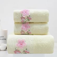 ABREEZE Beige Floral Embroidered Bath Towel Set,3 Piece, Cotton Absorbent Skin-Friendly, Suitable for Bathroom, Gym1 Bath Towel,2 Hand Towels