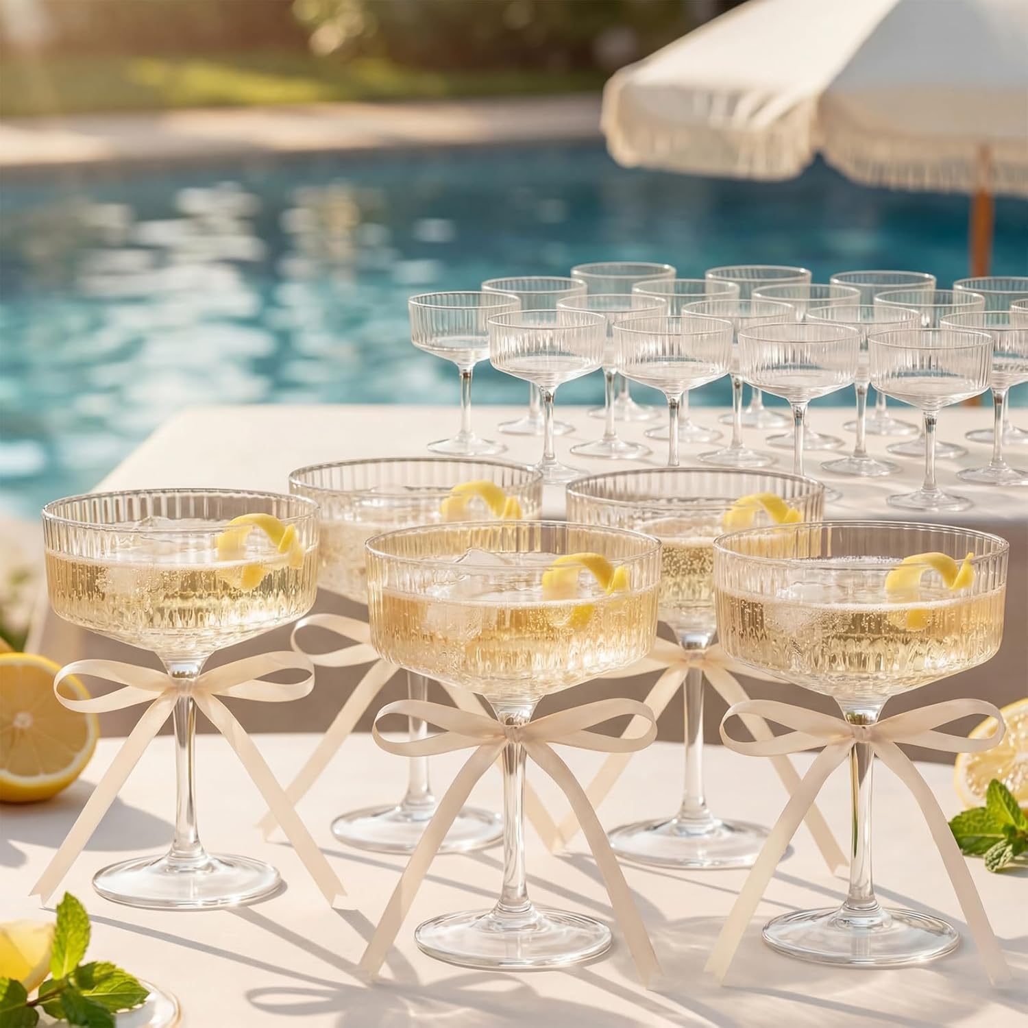 LemonRoad 60 Set 10oz Plastic Champagne Coupe Glasses with Bow Bulk Wedding Champagne Tower Set Acrylic Ribbed Martini Glasses Cocktail Coupe Cup for Birthday Bar Party Supplies(Beige Bow)