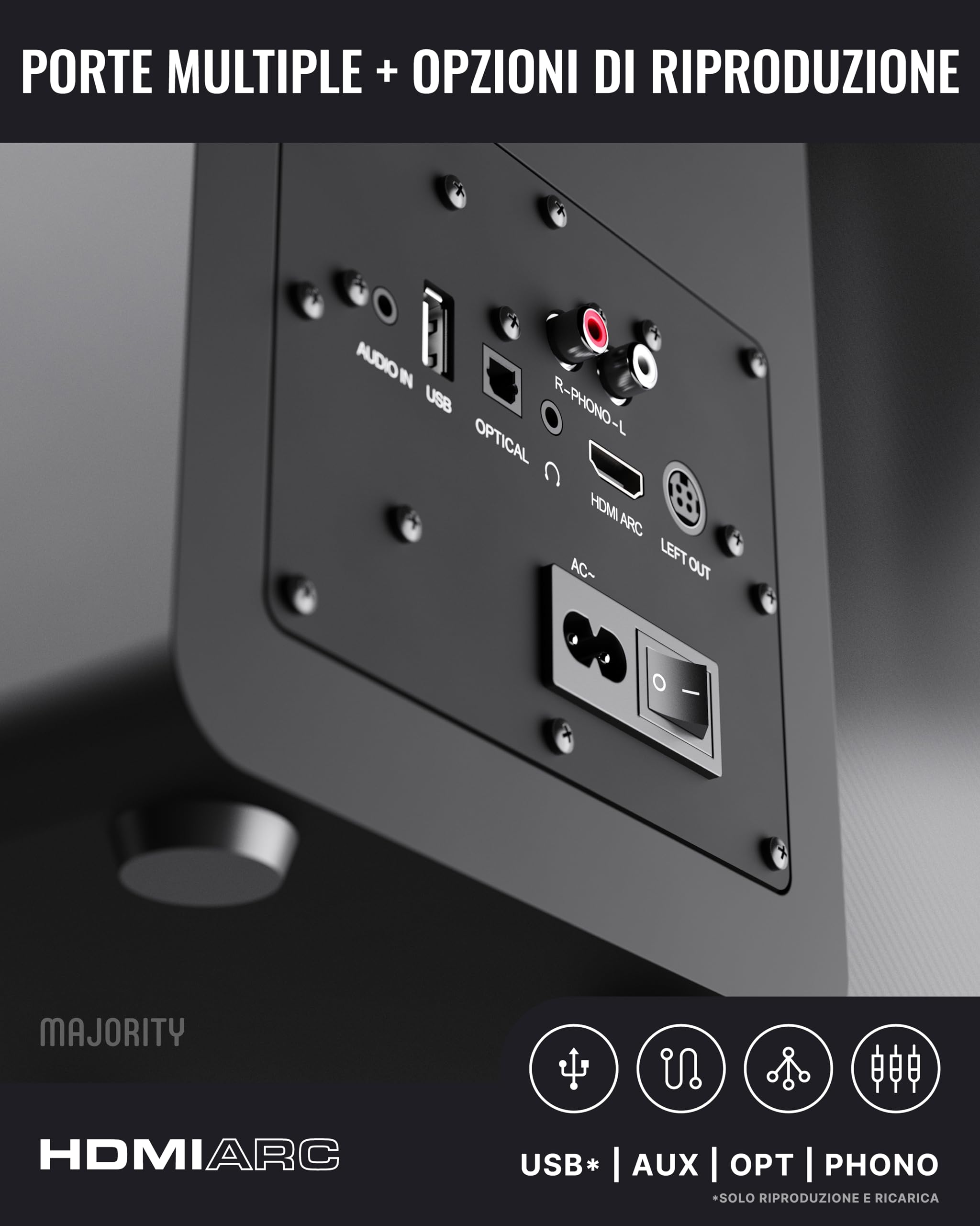 Majority D100X Diffusore da scaffale attivo | Sistema HiFi Stereo 2.0 | 100W | Casse Bluetooth 5.3 | HDMI ARC, Phono, RCA & AUX | Casse PC, TV, Giradischi (Nero)