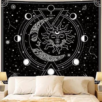 Black Sun and Moon Decor Tapestry for Bedroom Aesthetic, Black and White Space Stars Celestial Tapestries Wall Hanging, Dark Starry Night Witchy Wall Blanket for Living Room Dorm 51"X60"