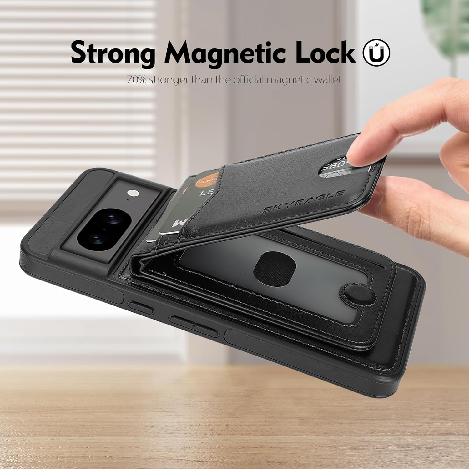 SkyEagle Compatible Magsafe 2 in 1 Detachable Google Pixel 8 Wallet Case with Card Holder Women Men,Magnetic PU Leather RFID Blocking Flip Kickstand Credit Slots,Phone Case for Pixel 8 6.2",(Black)