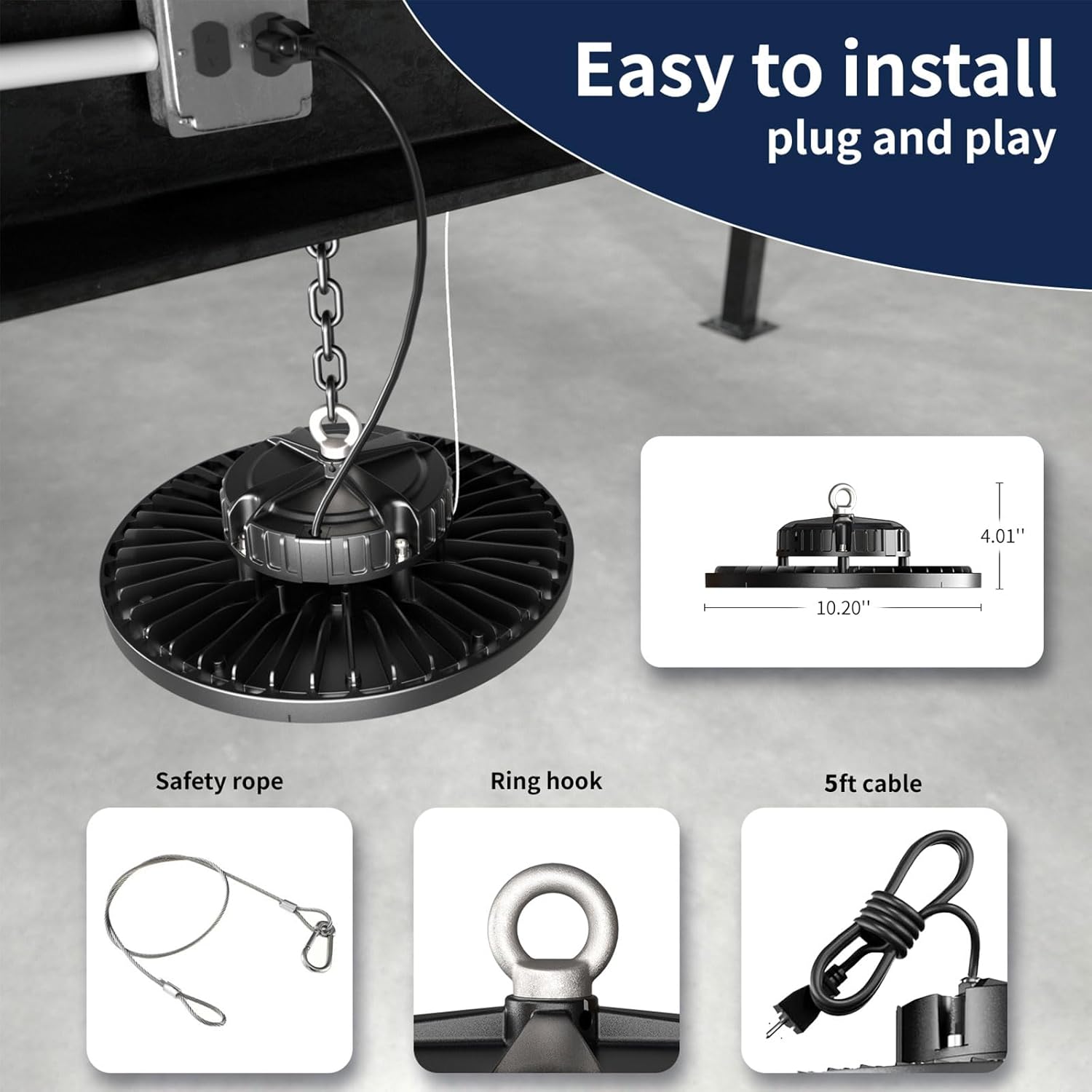 6 Pack UFO LED High Bay Light 150W 22500LM 5000K - High Bay LED Shop Light for Garage led Super Bright 5ft US Plug, IP65 Waterproof, ETL Listed, Plug & Play, AC100-277V for Workshops Barn Gym