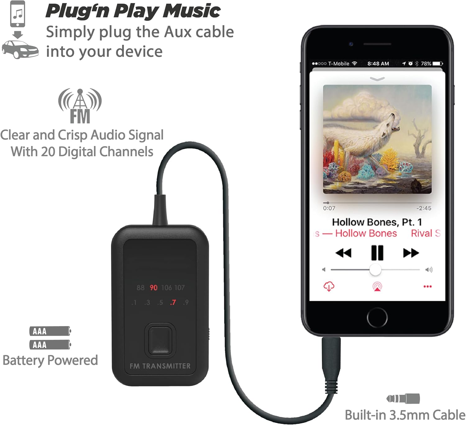 Scosche FMT7-SP1 with battery compartment and AUX cable