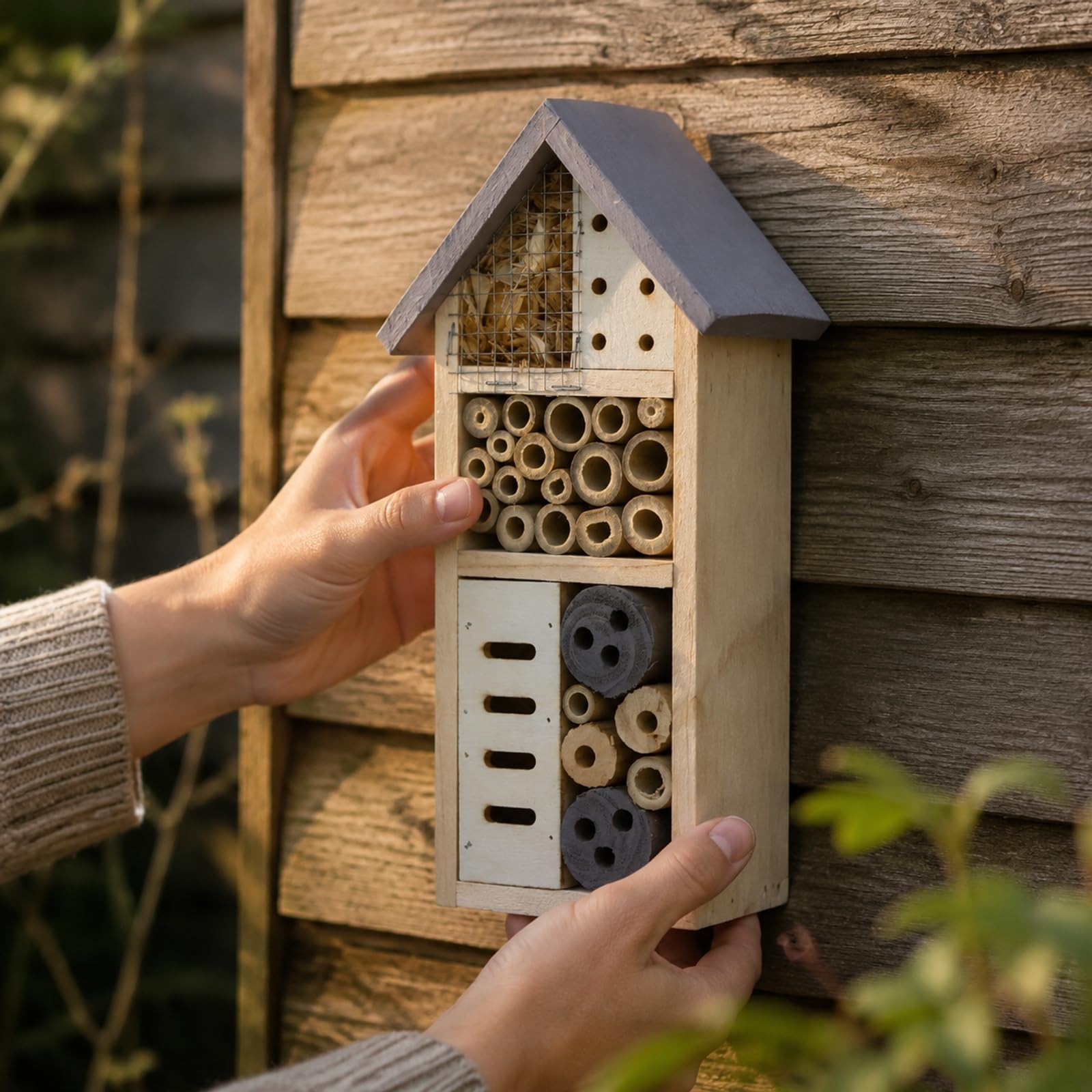 Hotel per Insetti in Legno di Abete e Bambù Facile da Appendere Insettario da Giardino Compatto Insettiera per eri, Terrazza