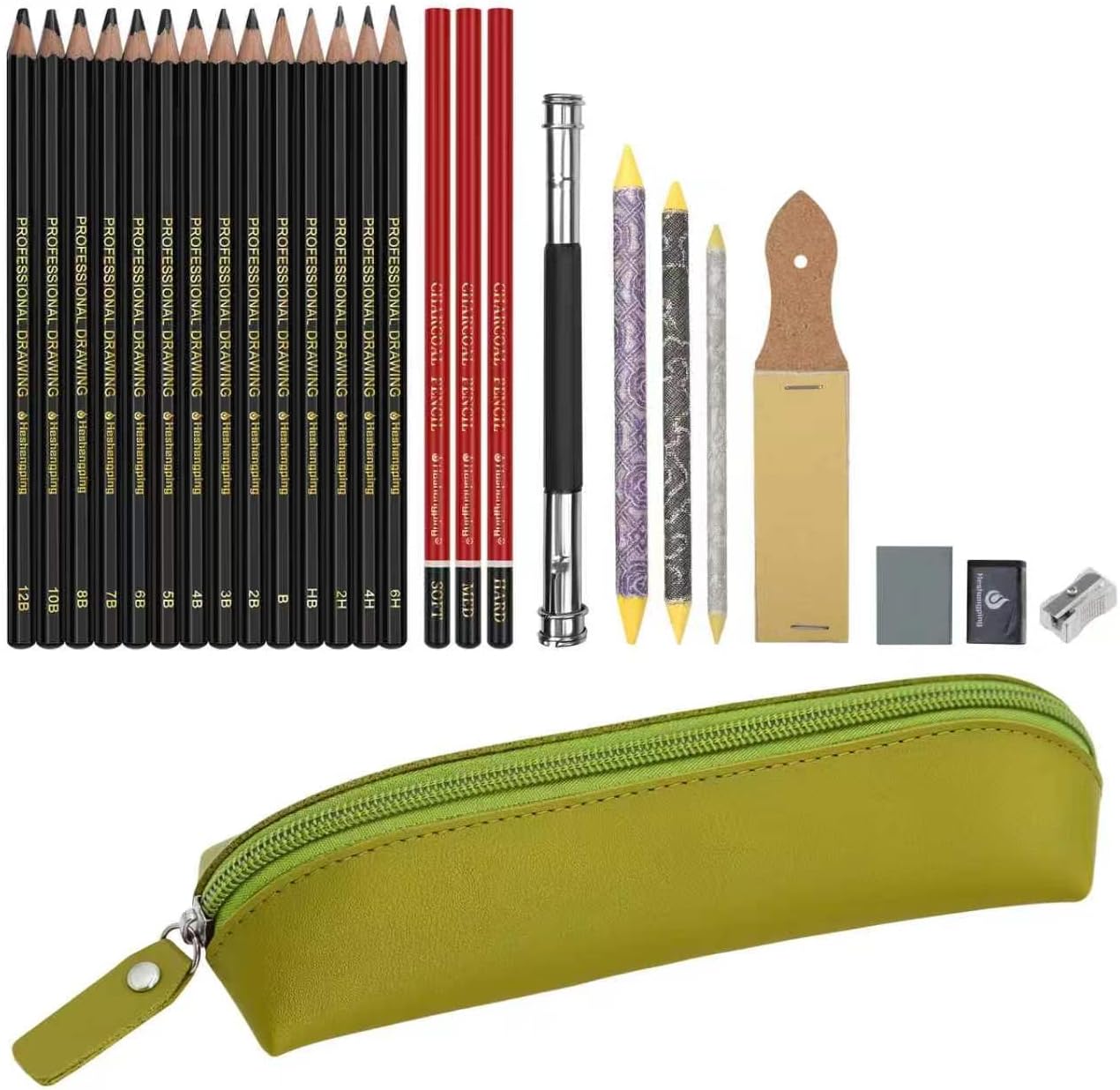 Heshengping 26 Pack Sketching Pencils Set with Light Green Pencil Case Premium Graphite Drawing Pencils Kit with Charcoal, Blending Stumps, Erasers, Ideal Art Supplies Gift for Artists, Beginners