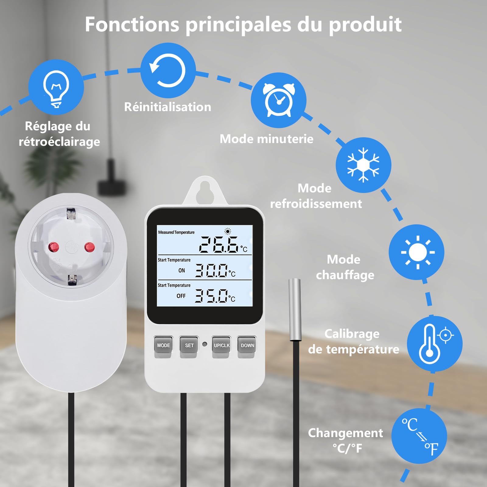Thermostat Digital à Brancher sur Une Prise de Courant, régulateur de température, Interrupteur de Chauffage et de Refroidissement avec capteur, pour Tapis d'incubation, serres pour Reptiles
