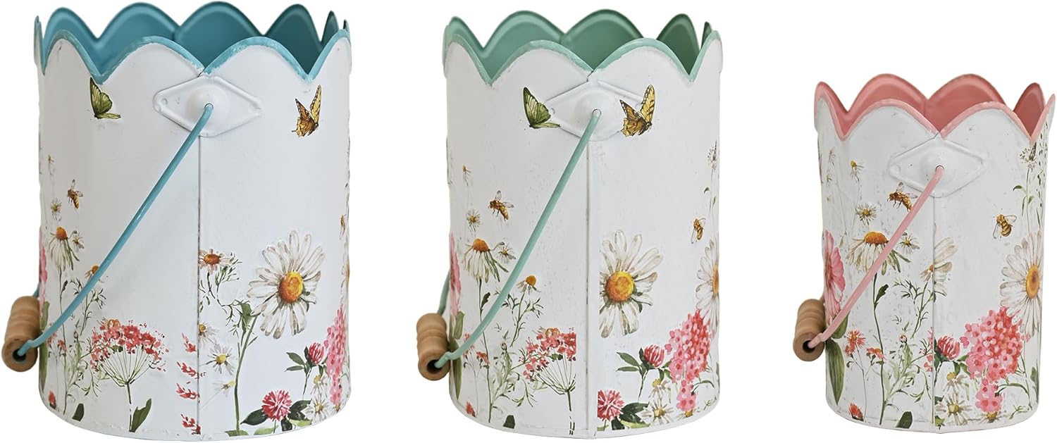 3-Piece Vintage Floral Metal Bucket Set, Scalloped Edge Multi-Size Planters for Flowers & Easter Egg Containers, Rustic Garden & Home Decor with Reinforced Metal Handles, Indoor & Covered Outdoor Use