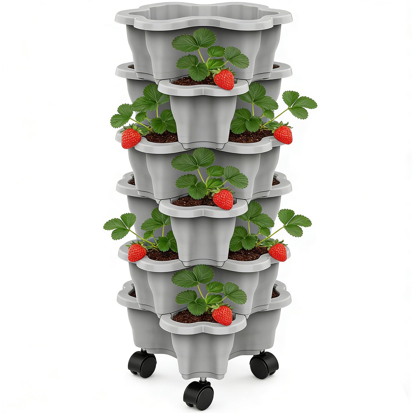 Kawiithn 6-Tier Stackable Strawberry Planter Tower with Wheels, Space-Saving Vertical Garden Planter Pots for Strawberries, Herbs, Flowers & Vegetables, Patio, Balcony Indoor & Outdoor Use 25x10cm