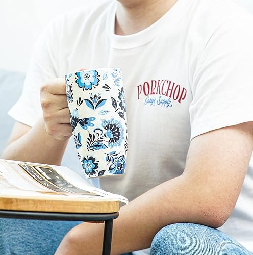 Miniatura 4 de DUSVALLY Taza de café de cerámica, tazas altas de porcelana con tapa y asa, 17 onzas, pájaro