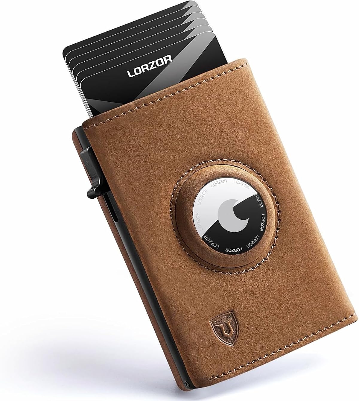 LORZOR AirTag Wallet - Full Grain Leather, Mens Minimalist Wallet with Apple