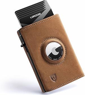 LORZOR AirTag Wallet - Full Grain Leather Mens Minimalist Wallet with Apple Air Tag Holder Slim Smart Pop