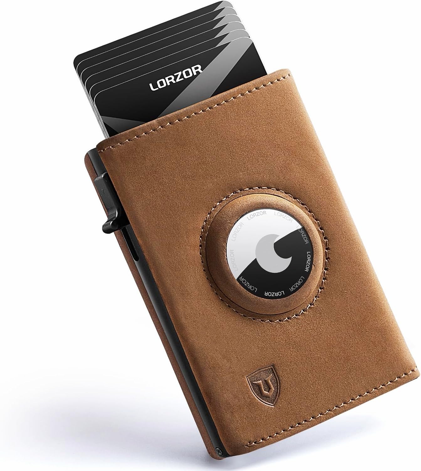 LORZOR AirTag Wallet - Full Grain Leather, Mens Minimalist Wallet with Apple Air Tag Holder, Slim Smart Pop up Card Case, ID Window, RFID Blocking, Front Pocket (AirTag Not Included), Nubuck Brown
