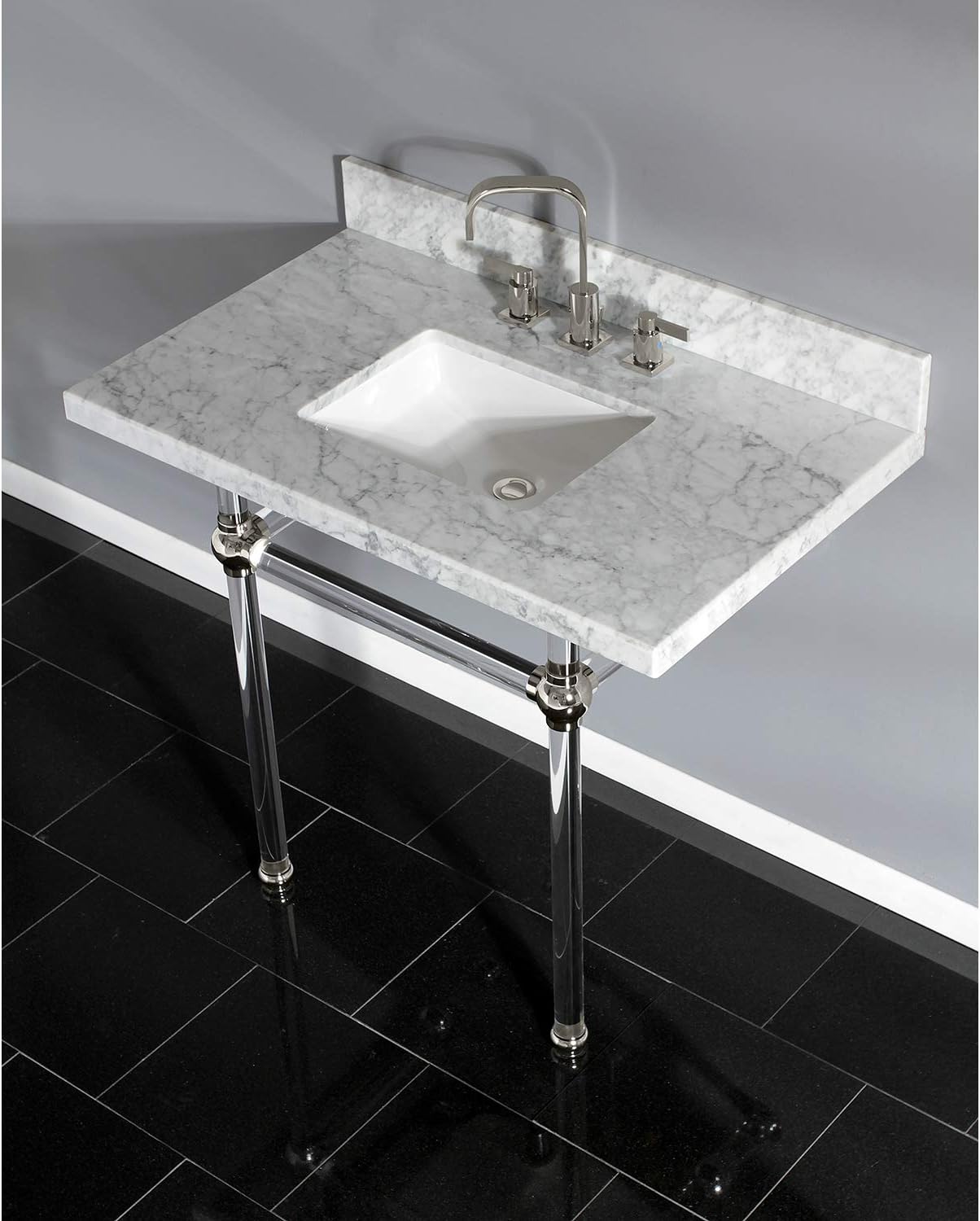 Kingston Brass KVPB3630MASQ6 Templeton 36" x 22" Carrara Marble Vanity Top with Clear Acrylic Console Legs, Carrara Marble/Polished Nickel