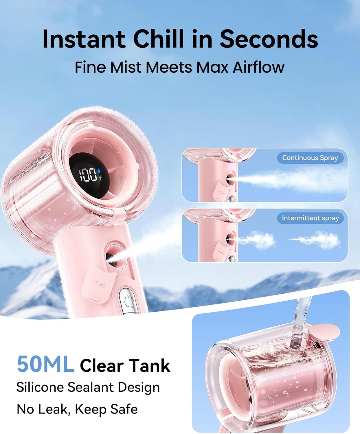 KIMMOO Portable Misting Fan, USB Rechargable Handheld Fan with Water Spray Mist, Up to 13 Hrs Cooling, 25000PRM, 100 Speeds, 50ml Water Tank, Personal Turbo Fan for Travel/Makeup/Office/Outdoor, Pink