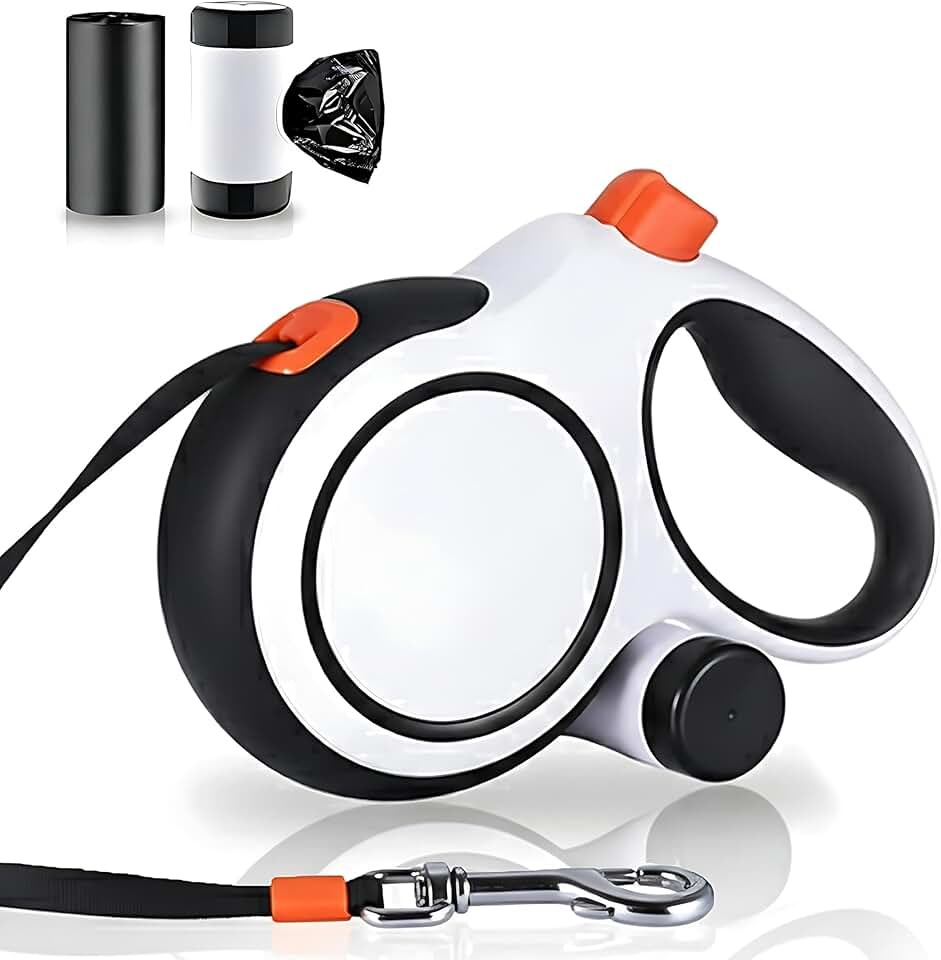 26Ft Heavy Duty Retractable Dog Leash with Dispenser and Poop Bags, for Small, Medium &amp; Large Dogs Up to 110Lbs, 360° Tangle-Free Design and a Durable Chrome Plated Hook