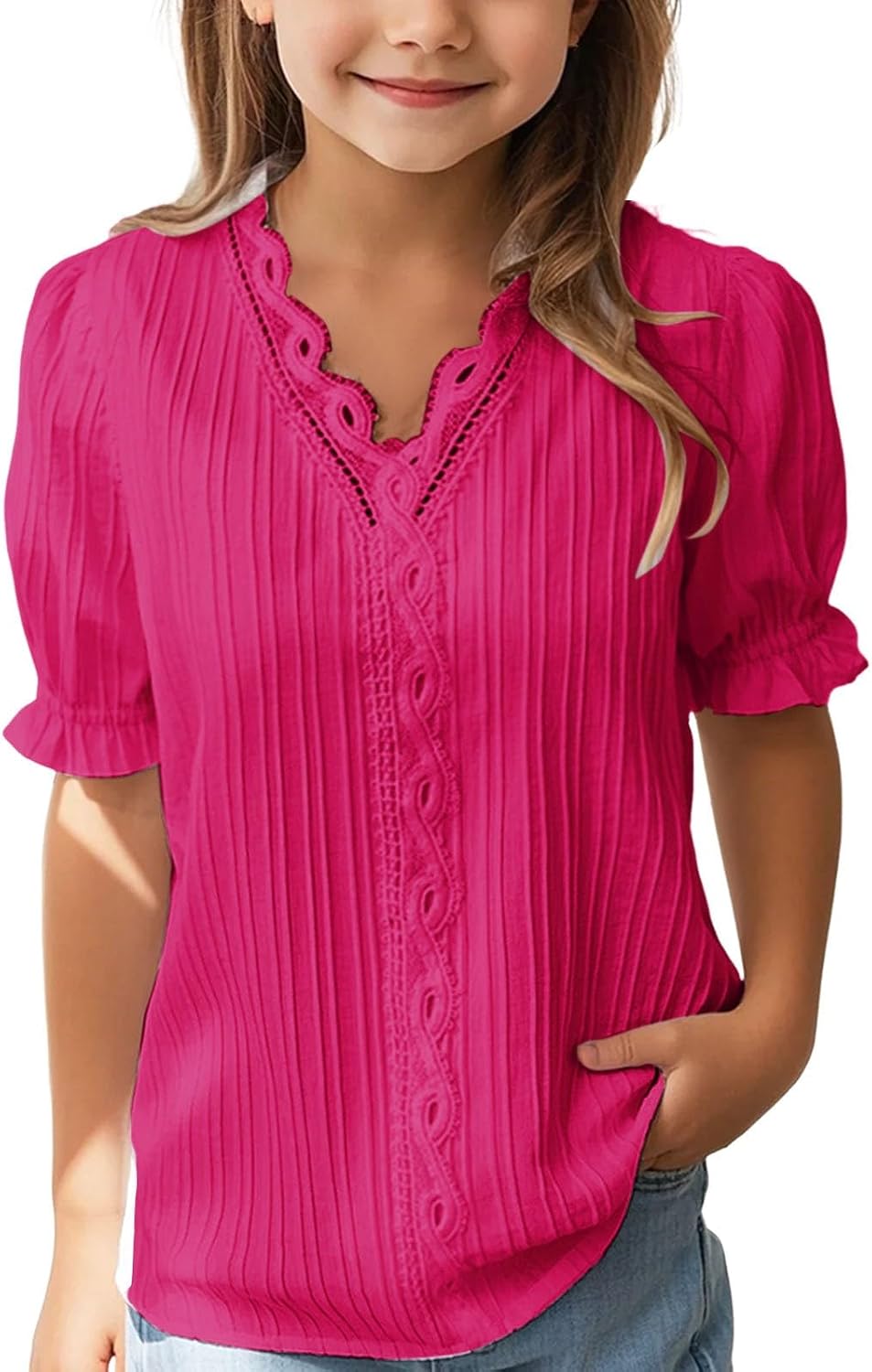 Girls Plain Lace Elegant Shirts Casual Puff Sleeve V Neck Top Trendy Solid Color Loose Fit Ruffle Hollow Blouses Tops