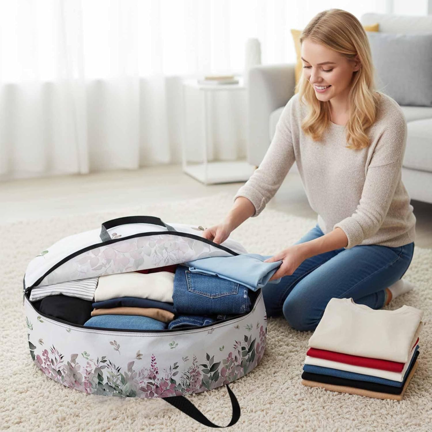 Spring Red Round Storage Bag 36 Inch, Eucalyptus Leaves Clothes Storage Container with Handles Heavy Duty Organizer for Comforter, Bedding & Holiday Wreaths