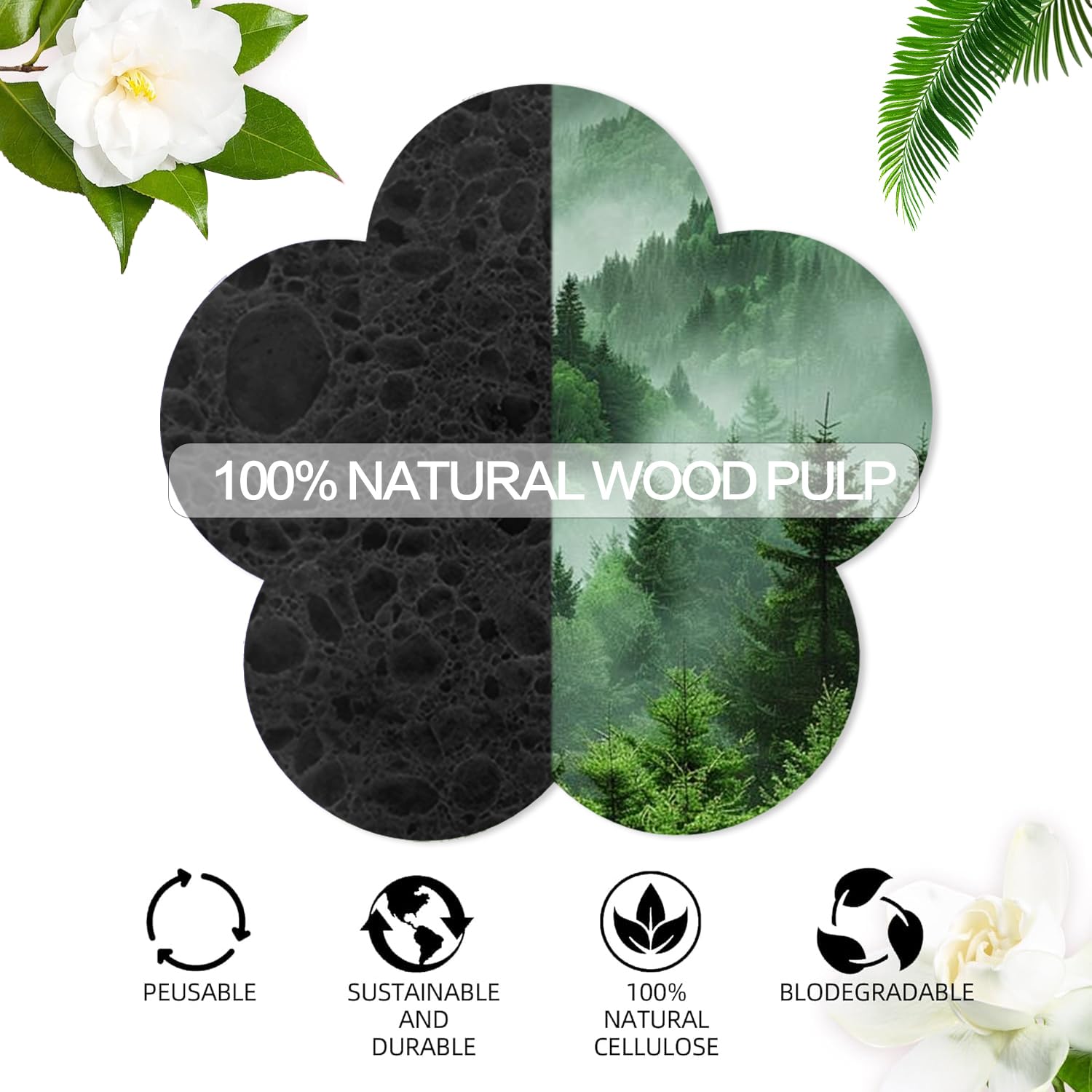 50-Count Facial Sponges Compressed Facial Sponges Natural Facial Cleansing Sponges Pads Cute Flower Shape Exfoliating Sponges for Cleansing Reusable,Best Makeup Gift, Black image 3