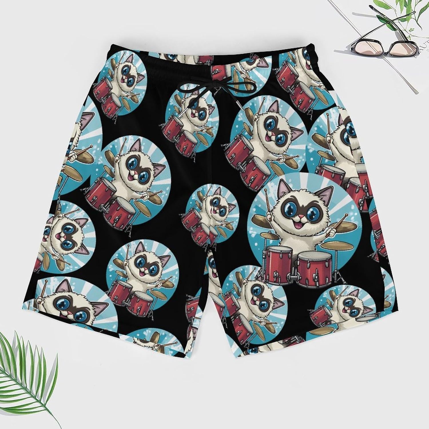 Cat Drummer Playing Drums Mens Swim Trunks Summer Beach Shorts Board Shorts Swimwear Bathing Suits with Pockets