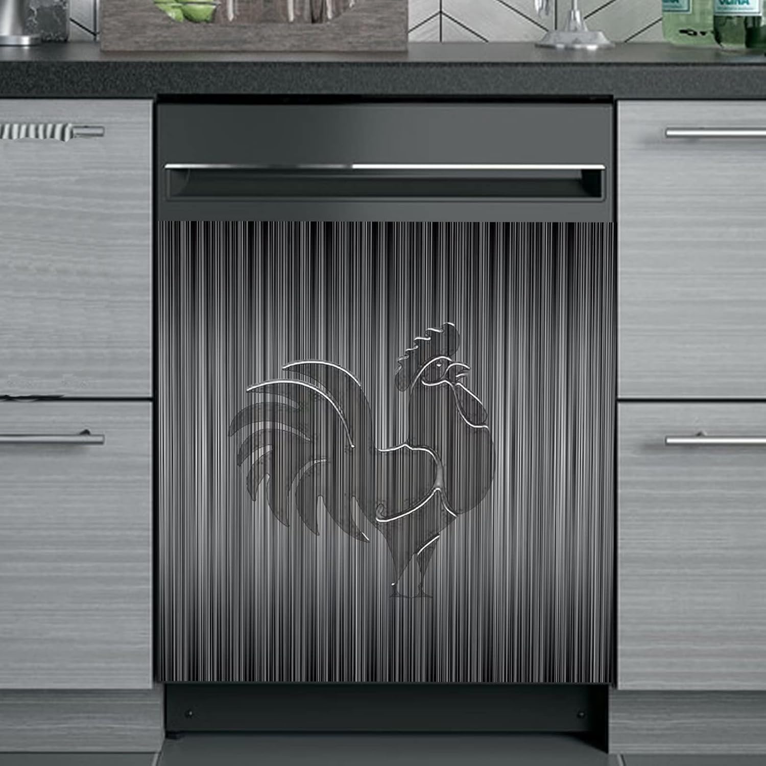 Brushed Silver Stainless Steel Dishwasher Magnet Cover,Rooster Magnetic Dishwasher Decorative,Stainless Steel Pattern Fridge Magnets Vinyl Decal,Chicken Appliance Panel Covers 23"x26"