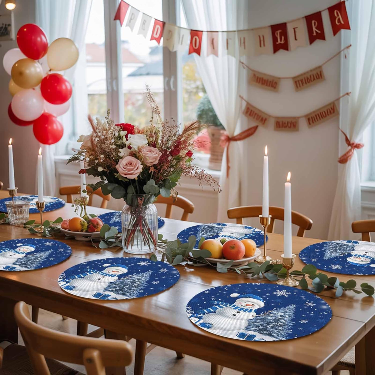 Christmas Round Placemats Set of 4 Blue Hat Scarf Snowman Place Mats Washable Woven Placemat Xmas Tree Snowflake Circle Braided Table Mat for Kitchen Dining Table Xmas Holiday Party Home Decor 15 Inch