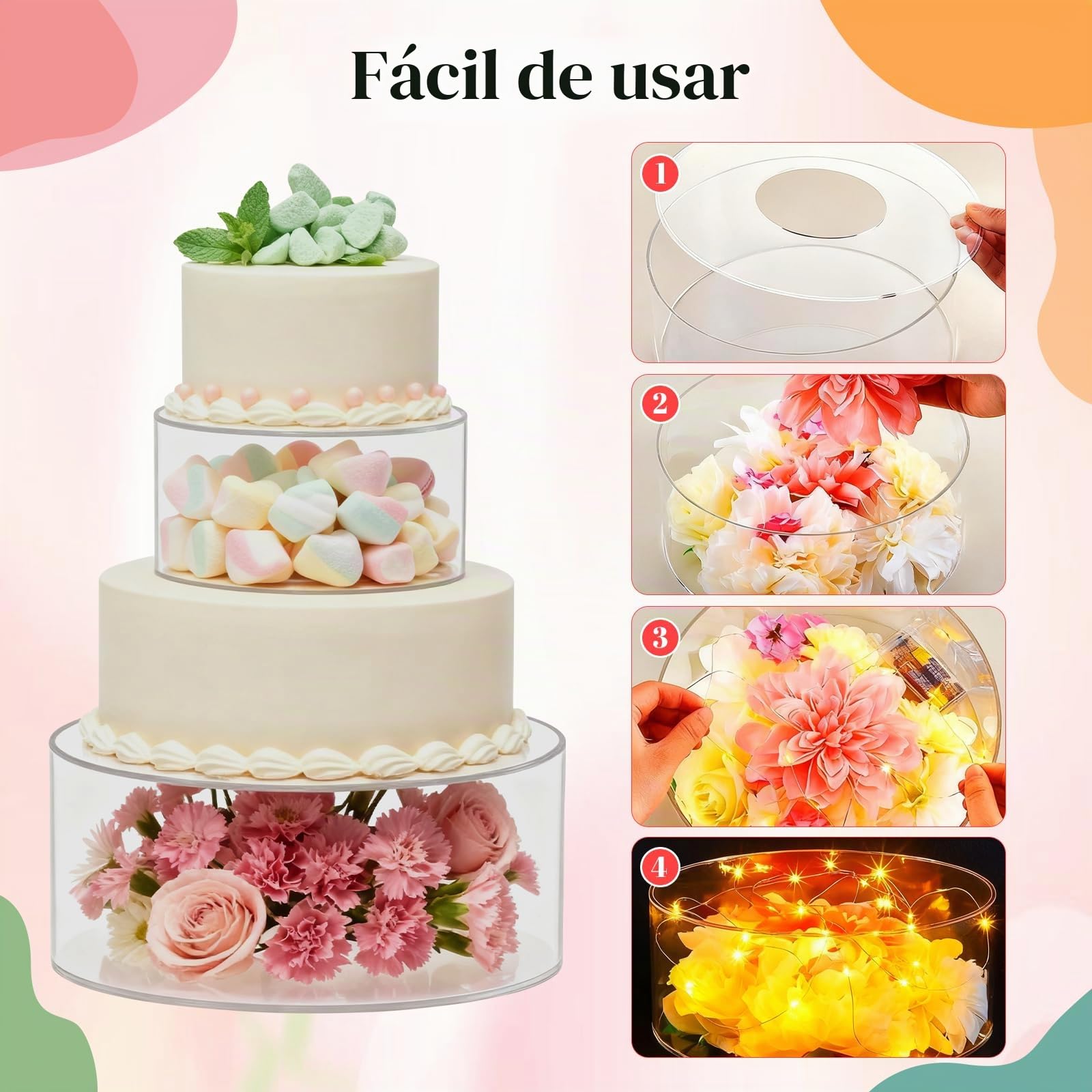 3 Piezas Soporte para Tartas de Acrílico, Bandeja Redonda Transparente Rellenable para Tartas con 3 Tiras de luz LED para Bodas, Cumpleaños y Fiestas.