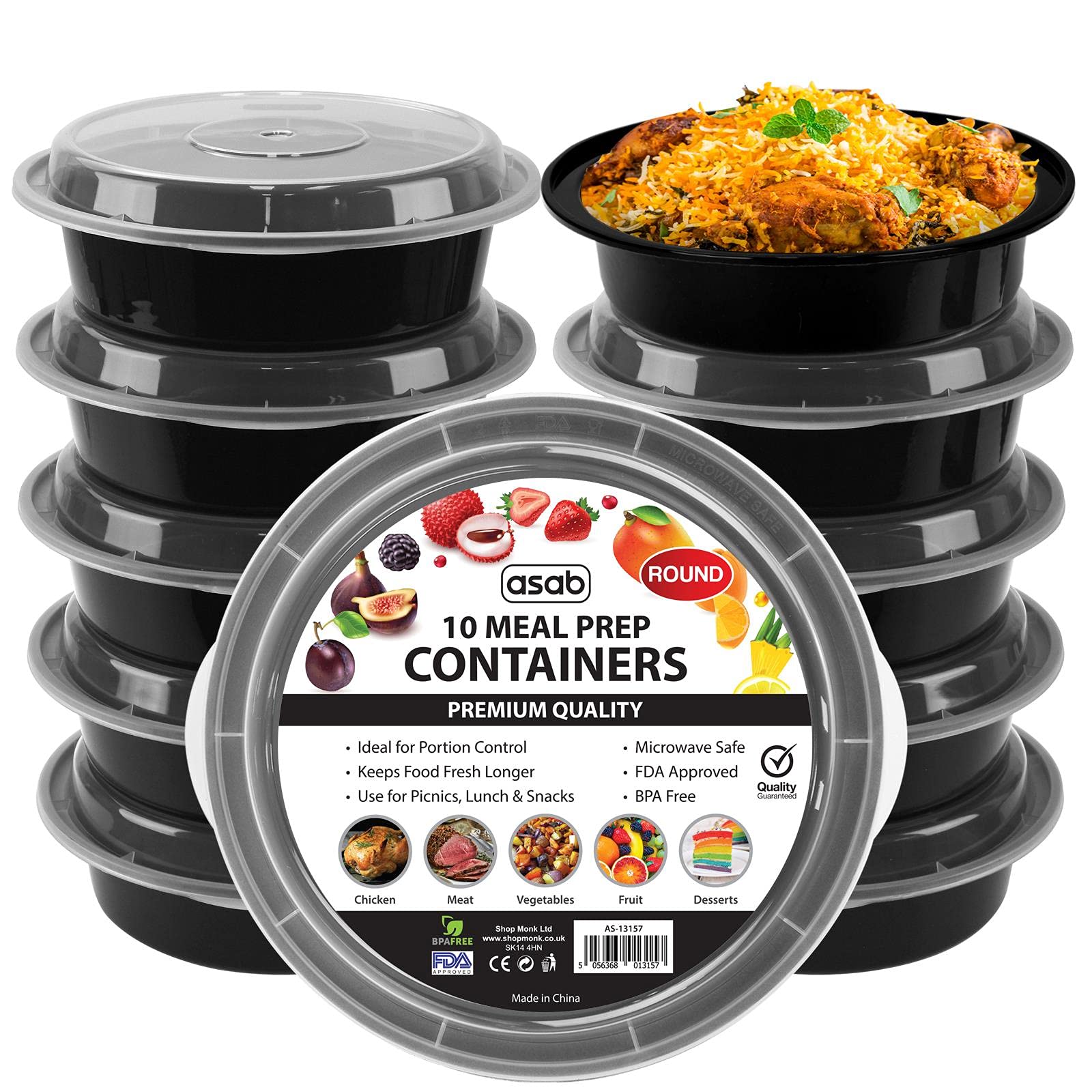 Asab Black 10 Meal Prep Containers Reusable Bpa Free Plastic Food Containers Microwave Freezer And Dishwasher Safe Reusable Meal Prep Boxes Takeaway Food Containers With Lids 2 Compartment Round