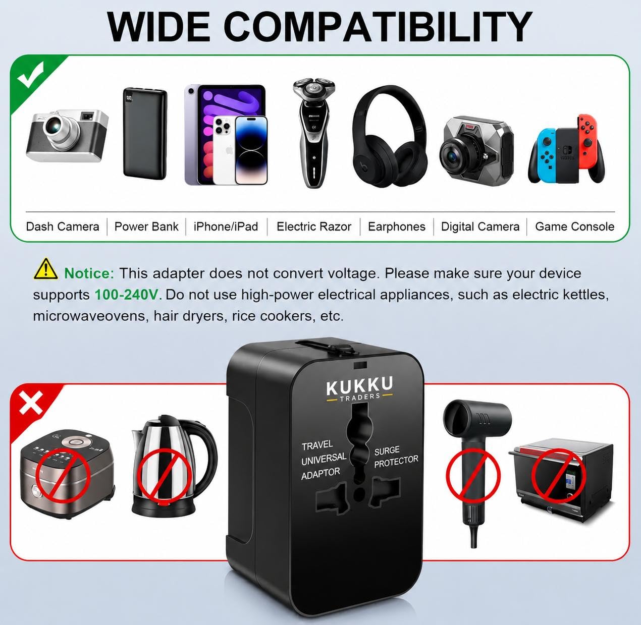Universal Travel Adapter with Dual USB Ports, All in One International Plug Adapter for Worldwide Travel, US UK EU AU Compatible, Wall Charger for Phone Tablet Camera & Electronics, Black — Amazon image 4