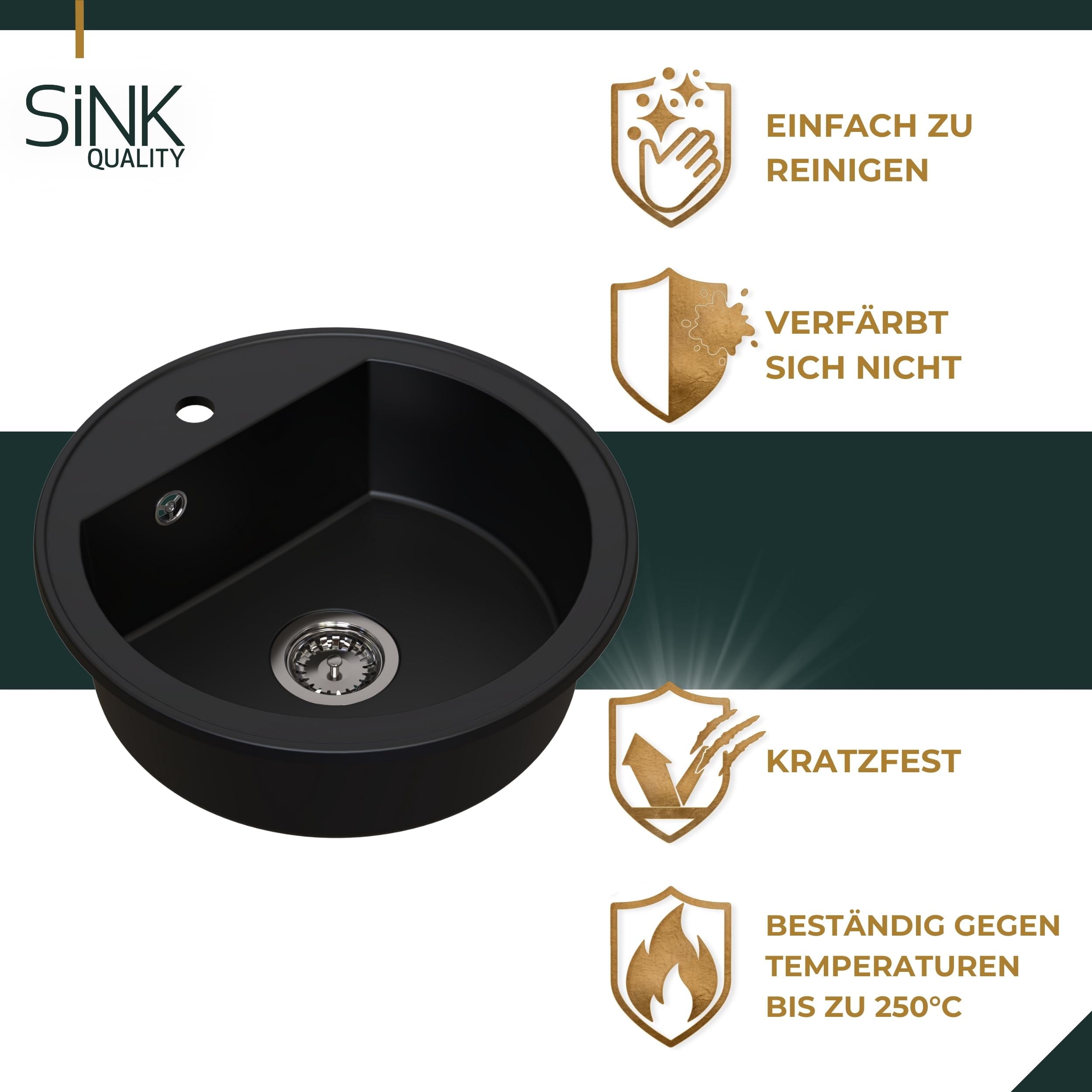 SINK QUALITY lavello rotondo con rubinetto Ø 51 cm – lavello in granito nero con rubinetto, sifone e impregnazione – lavello da cucina rotondo in granito per sottolavelli a partire da 55 cm di