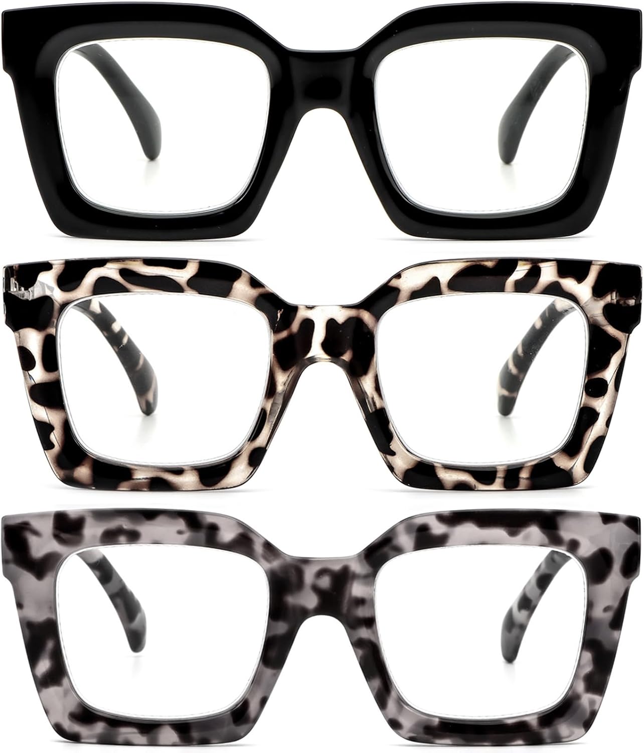 REAVEE 3 Pack Thick Frame Oversized Reading Glasses for Women Blue Light Blocking Computer stylish Readers with Spring Hinge Black + Grey Tortoise + Clear Tortoise 1.75 x