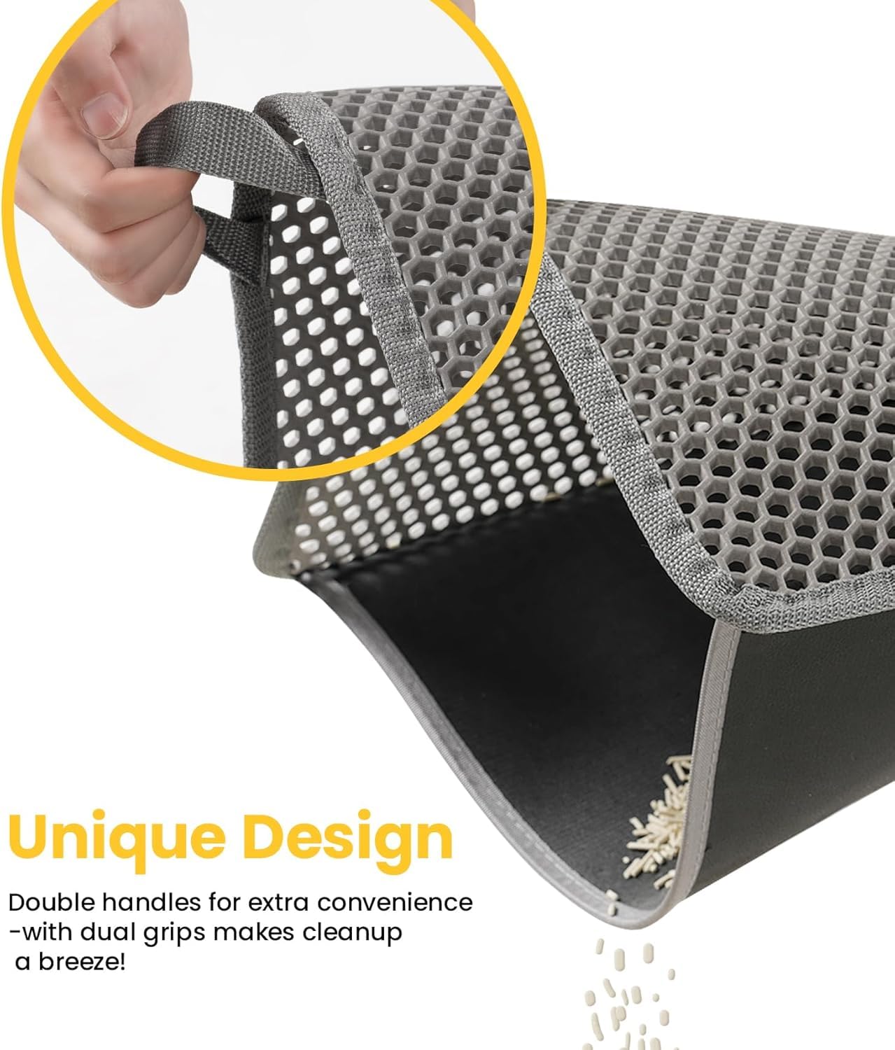 Conlun Tappetino per Lettiera con Manici, XXL 76x55 cm Assorbe Pipì & Blocca Granuli - Doppio Strato a Nido d'Ape, Antiscivolo, Pulizia Rapida (Grigio)