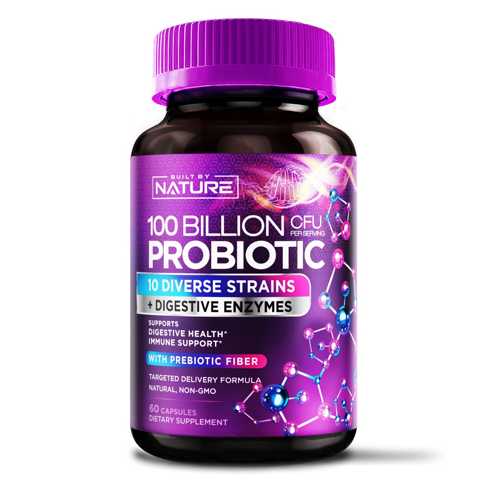 100 Billion CFU Probiotic - Daily Digestive Gut Health Supplement for Men & Women - Lactobacillus acidophilus, Bifidobacterium & Prebiotics - Non-GMO, Gluten & Dairy Free, Shelf-Stable - 60 Capsules