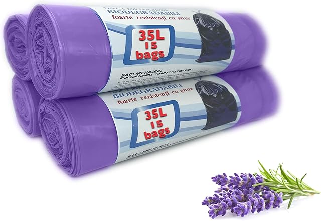 Lavender Scented 4 Rolls 30L 35 Litre, Counts 60 Bin Bags 100% Recycled Plastic Bin Liners, Very Strong with Drawstring Trash Bags for Kitchen, Office General Waste or Recycling Bags