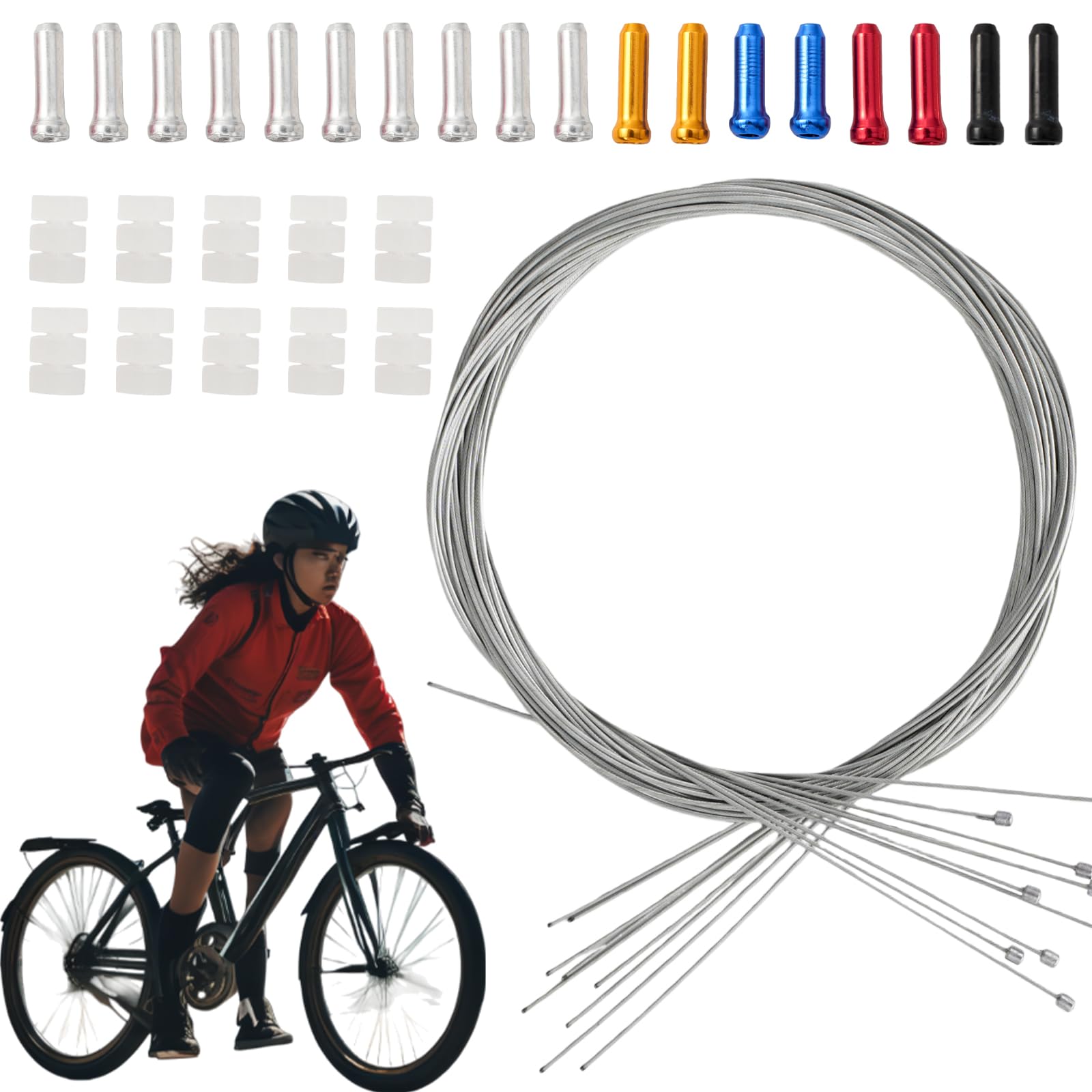 10 Cables de Cambio de Bicicleta 2 m, 1,2 mm en Acero, con 10 Terminales Plateados, 8 Terminales de Colores y 10 Juntas Tóricas de Silicona, Universales para MTB, Bicicleta de Carretera
