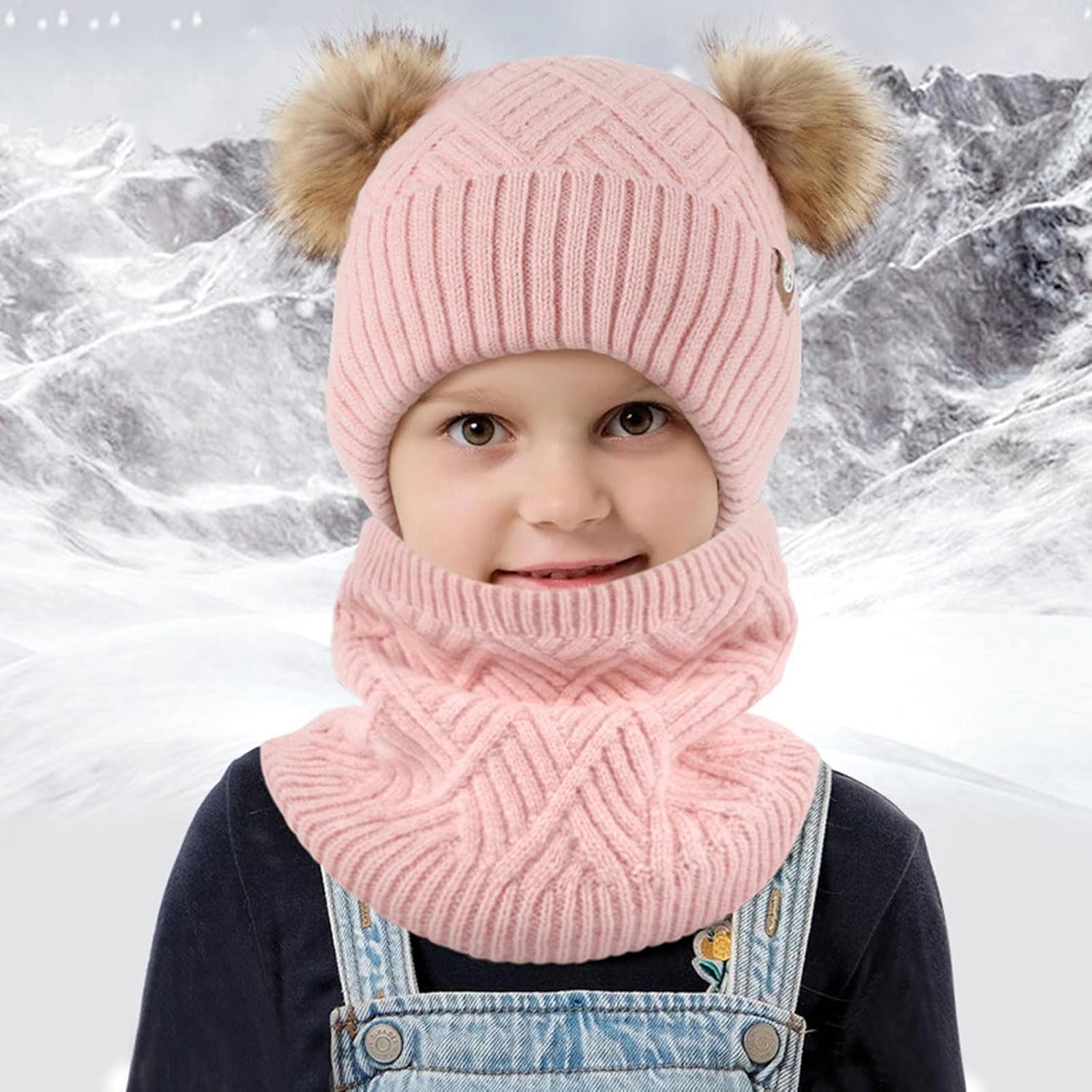 Baby Girls Boys Knitted Winter Hat with Pom Poms Scarf Toddler Kids Earflap Hood Fleece Lined Cute Slouchy