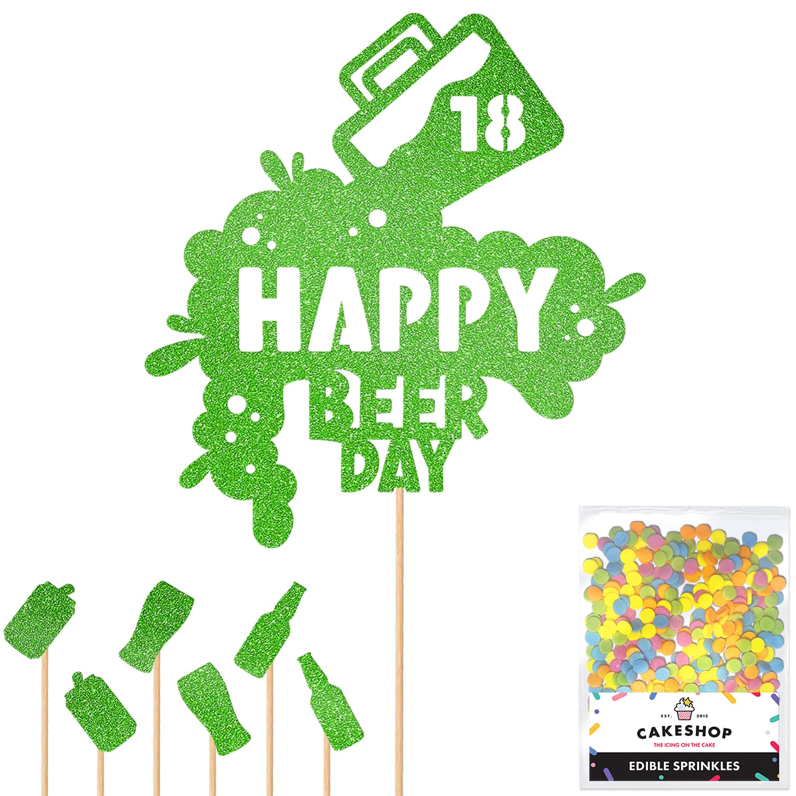 Personalised Happy Beer Day Glitter Cake Topper - Green Custom Age Glitter Cake Decoration and Sprinkles - Happy Birthday Decorations - Personalised Toppers for Cakes by Cakeshop