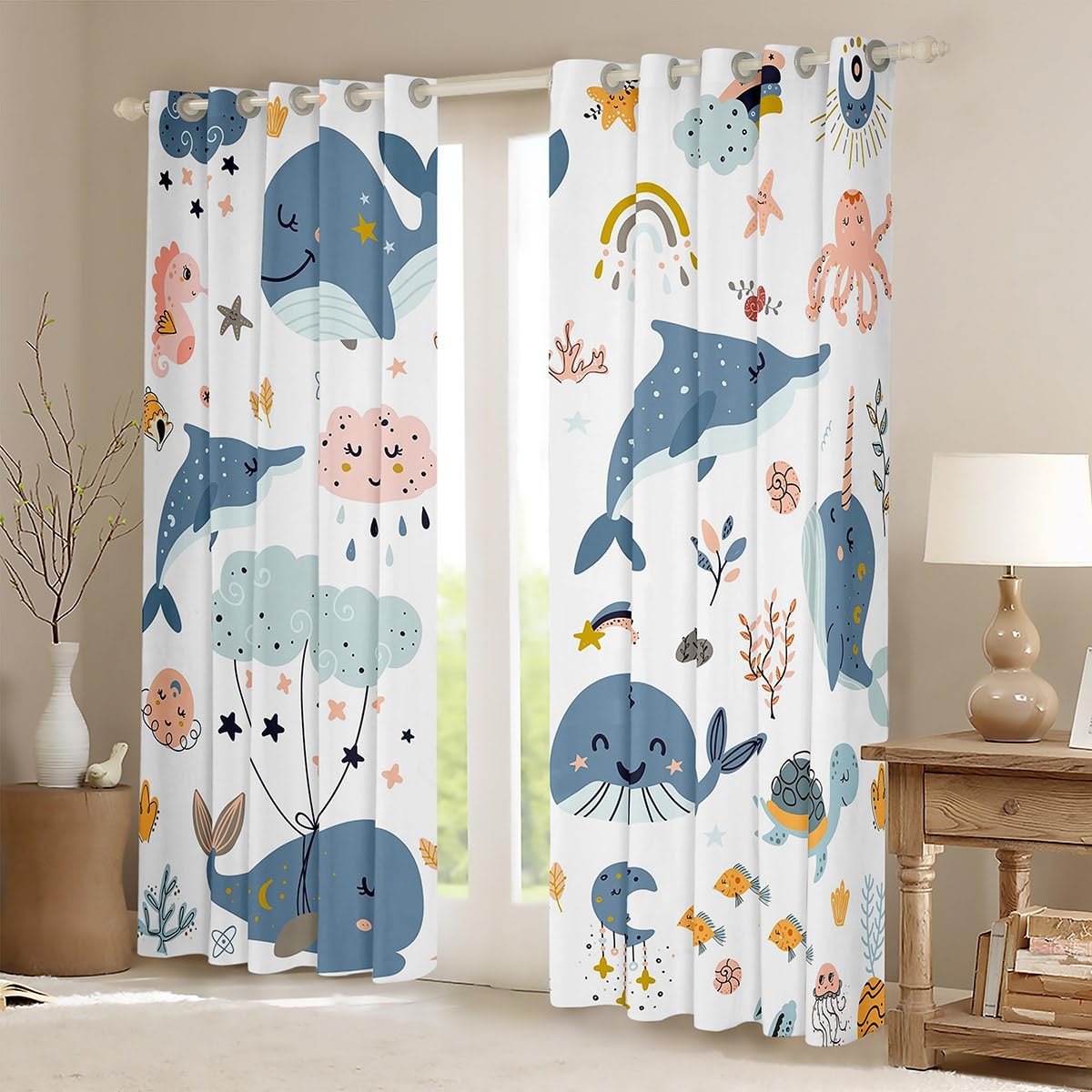 Manfei Whale Blackout Curtain Dolphin Octopus Turtle Fish Window Treatments - Image 2